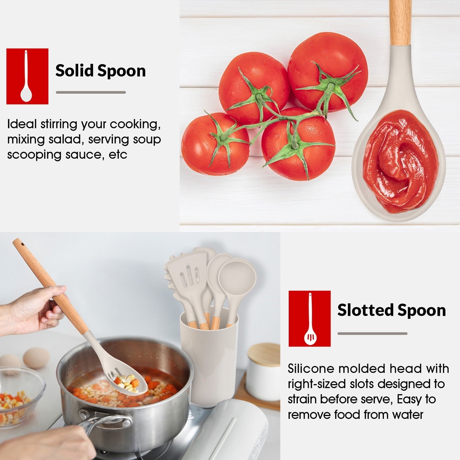 Ergonomic Cooking Kitchen Utensils Set of 6, Silicone Cooking Utensils with Wooden Handle, Non-Stick Cookware & Heat Resistant, Include... - Heat-Resistant Silicone Cooking Spatula Turner Detail