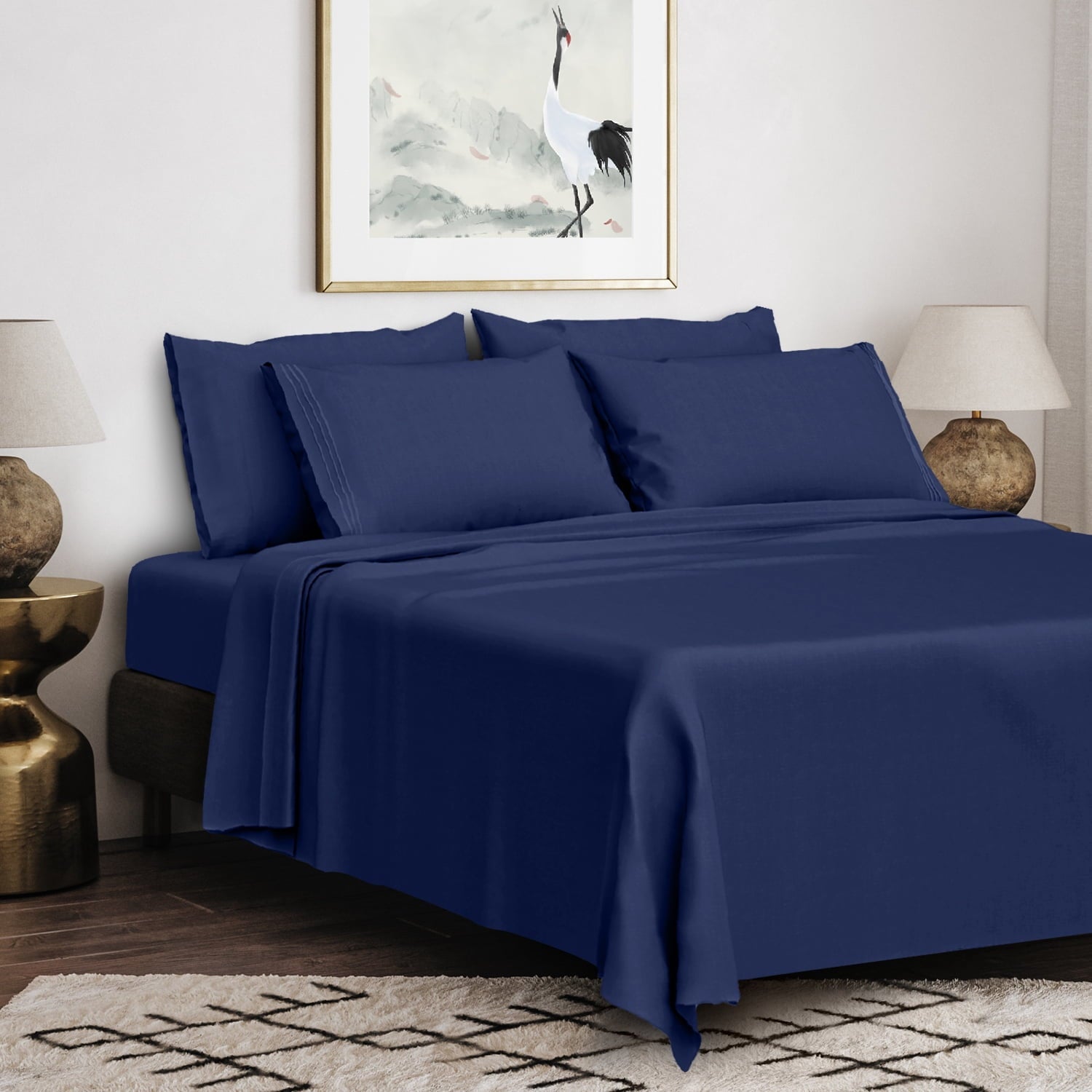 Breathable Luxury Queen Bed Sheets Set, 6 Pc Microfiber Bed Sheets, Extra Deep Pocket Queen Fitted Sheet, Flat Sheet & Pillowcases, Nav... - Premium Ultra-Soft Pillowcase Pair for Sleeping Detail