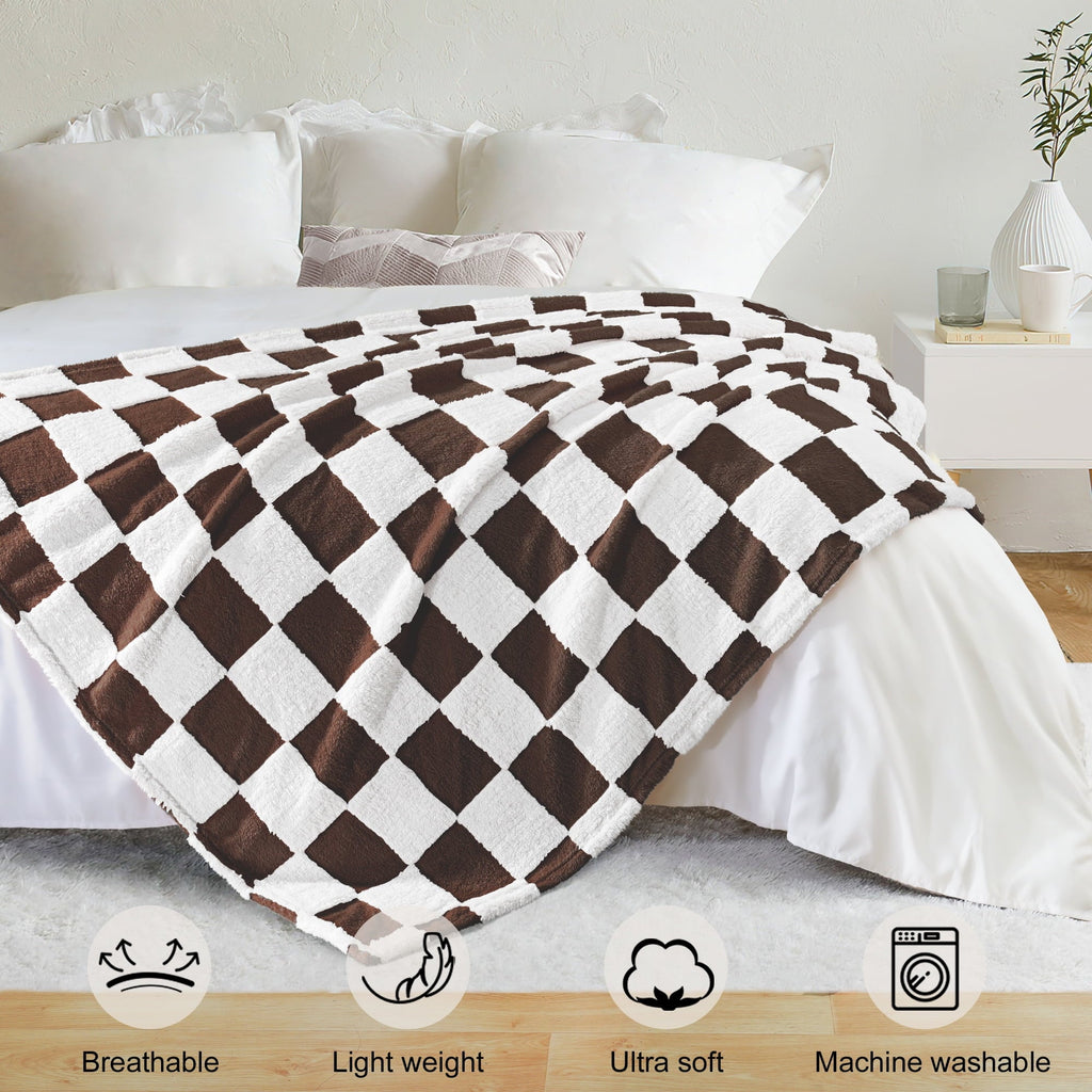 Super Soft Flannel Checkered Throw Blanket, Super Soft and Warm Fluffy Fleece Blanket for Couch, Sofa, Bed, Cute Plaid Pattern, Coffee, ... - Super Soft Reversible Sherpa Flannel Blanket Detail