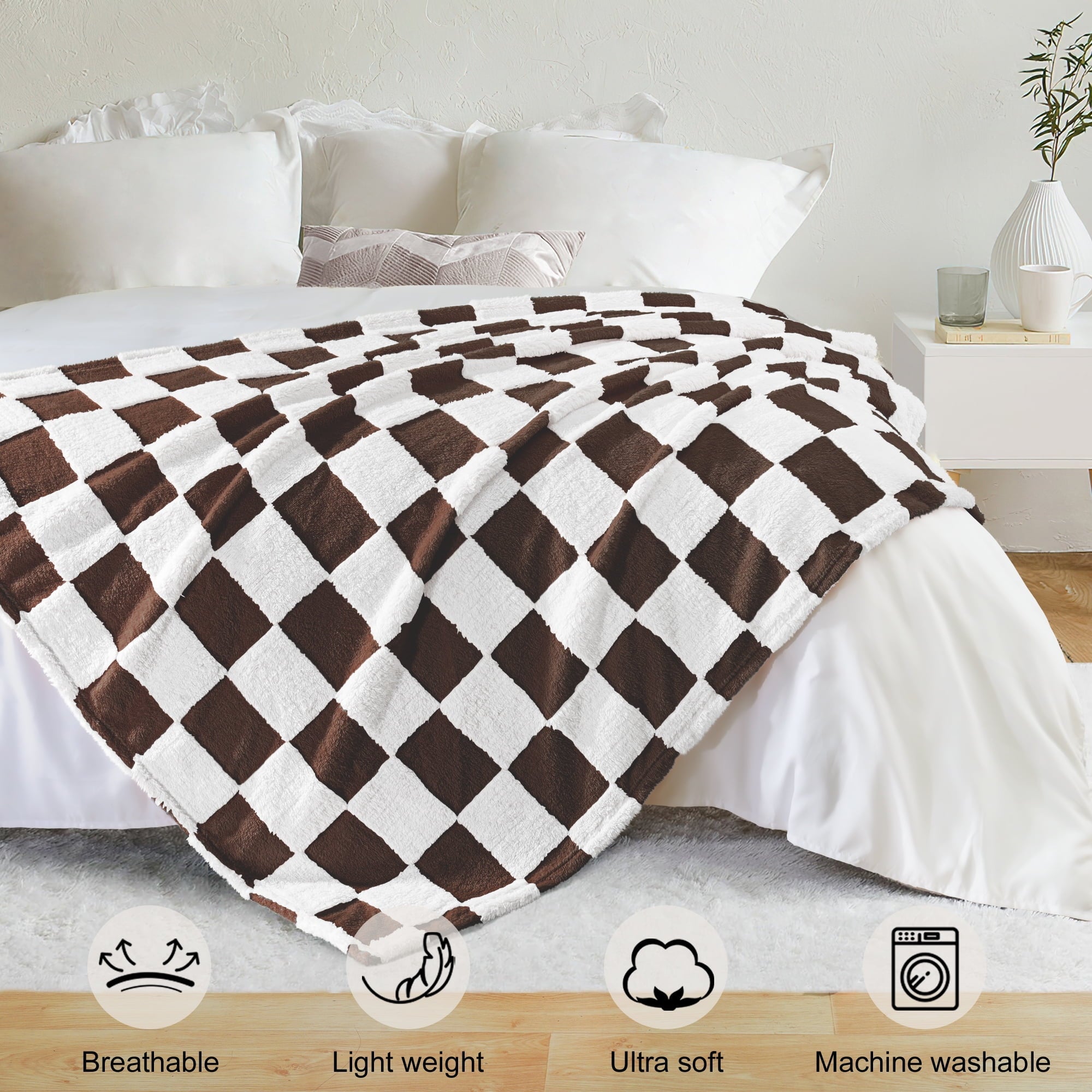Super Soft Flannel Checkered Throw Blanket, Super Soft and Warm Fluffy Fleece Blanket for Couch, Sofa, Bed, Cute Plaid Pattern, Coffee, ... - Super Soft Reversible Sherpa Flannel Blanket Detail