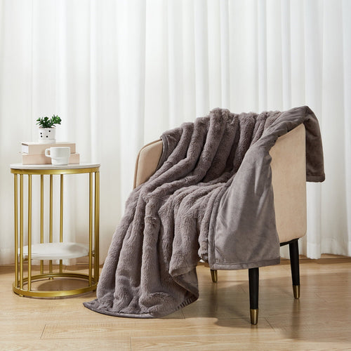 Cozy Fleece Grey Faux Fur Ultra Soft Luxury Oversized Throw Blanket 50" x 72", Grey Bisque - Super Soft Reversible Sherpa Flannel Blanket Detail