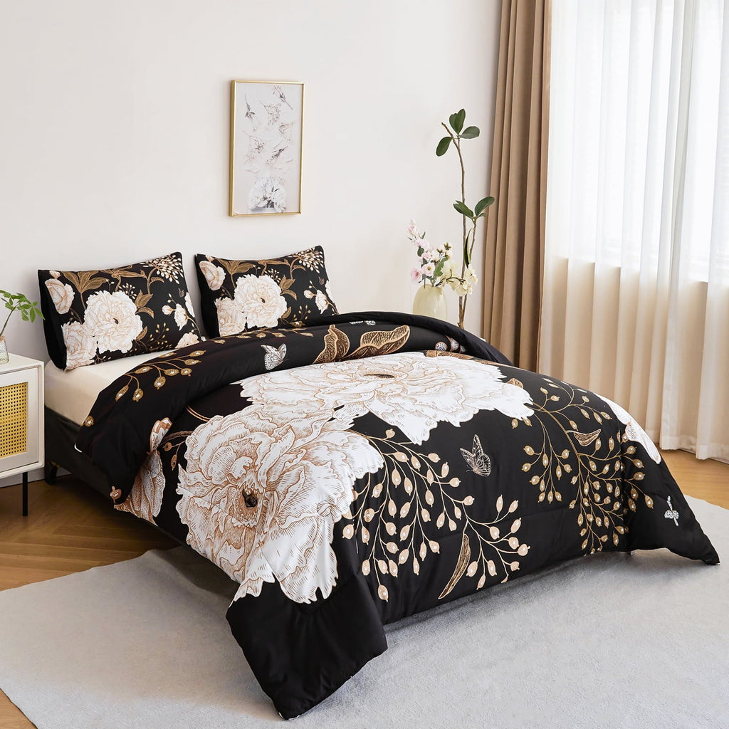 Heavyweight Warmth Black Floral Comforter Set Queen, Printed Comforter White Flowers Butterfly Bedding Set, 3 Pieces Botanical Reversibl... - Hypoallergenic Ultra-Fluffy Quilt for Winter Detail