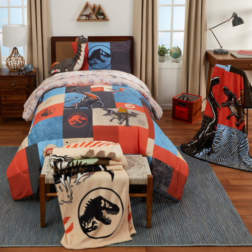 All-Season Kids 2 Piece Blue Orange Reversible Dinosaur Comforter and Pillowcase set, Twin/full - Cloud-Like Soft Lightweight Bed Comforter Detail
