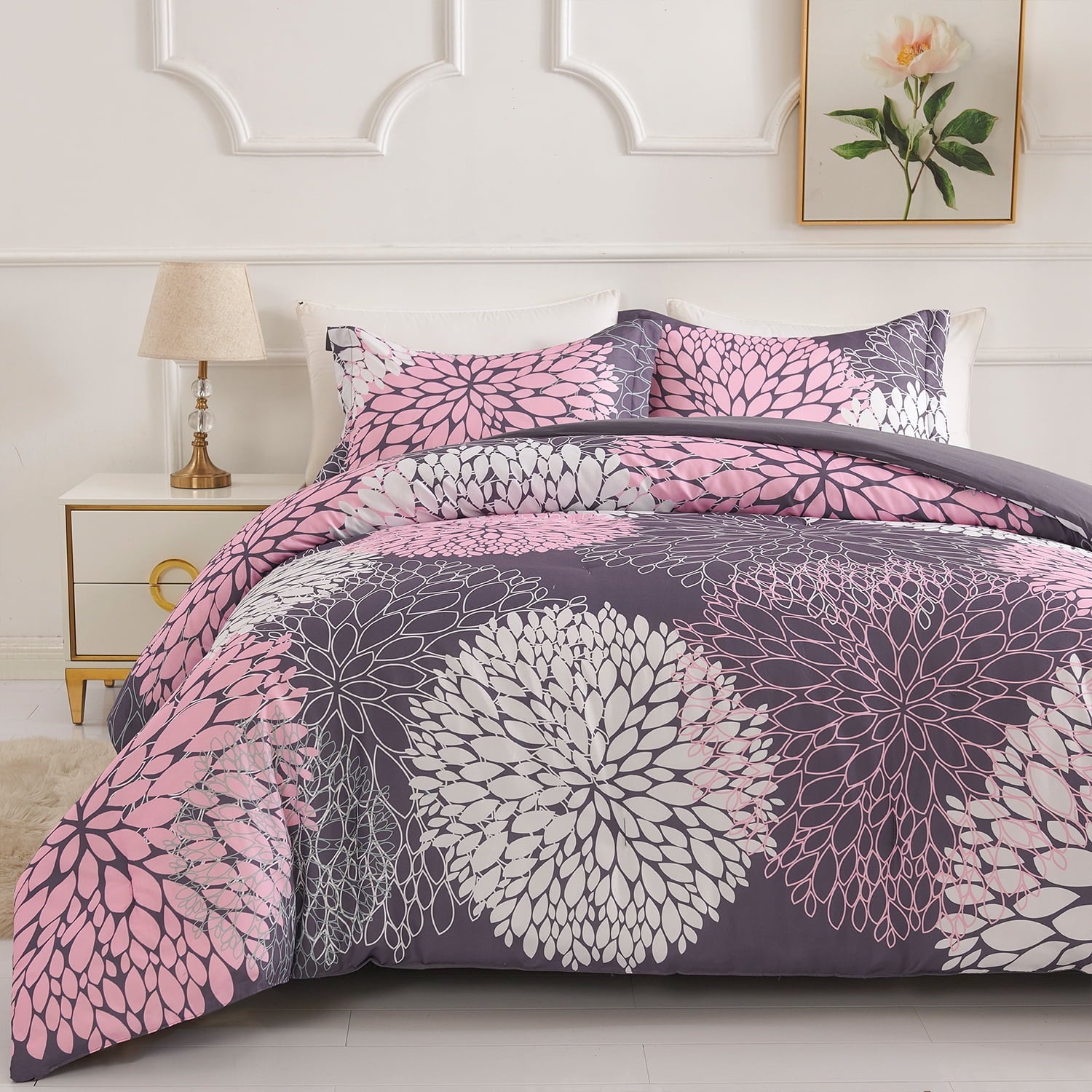 Hypoallergenic Cloud 2 Pieces Pink Floral Comforter Set Twin Size, Botanical Bedding Sets with Cute Flowers Printing for Teen Girls - Luxurious Quilted Duvet Cover Set Detail
