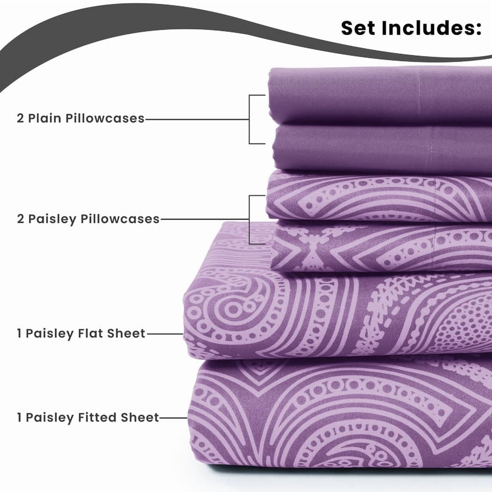 Breathable Luxury Paisley Printed Queen Bed Sheets Set, Microfiber 6 Piece Bedding Set - Purple - Cooling Hotel Quality Bedding Sheets and Pillowcases Detail