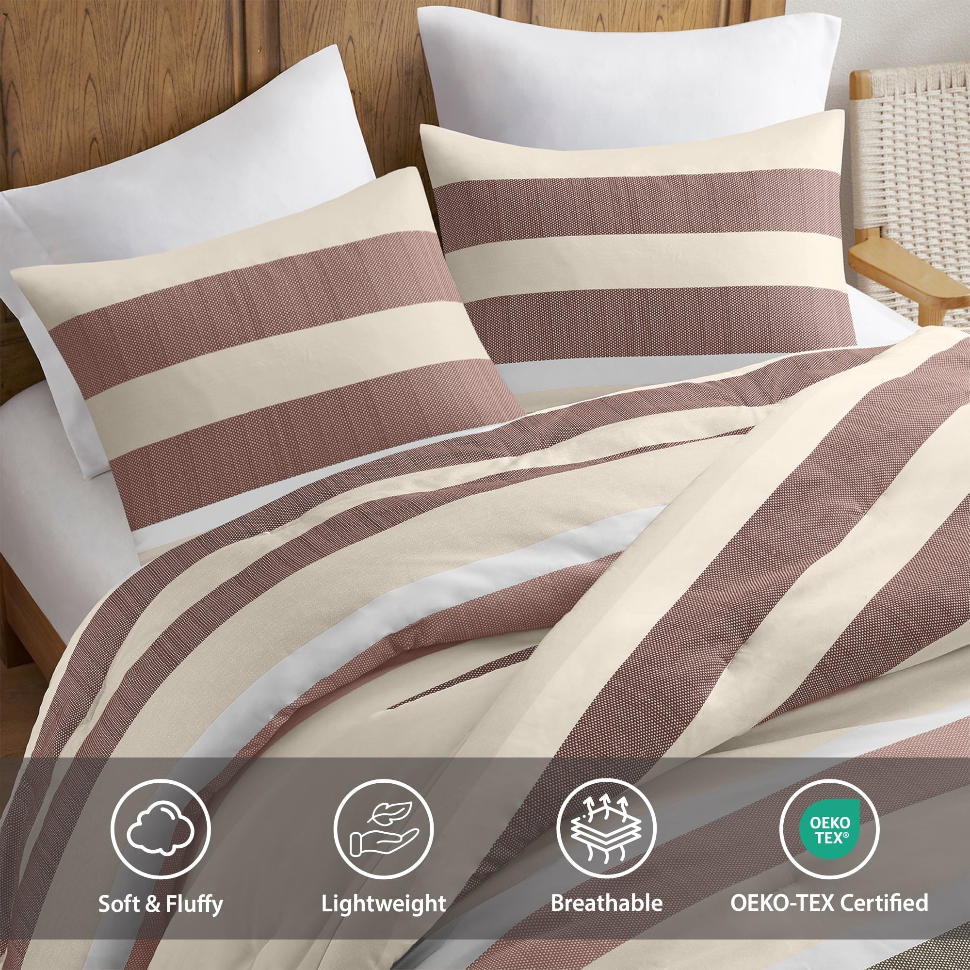 Fluffy Down Alternative 2-Piece Comforter Sets, Reversible Striped Comforter Set for Dorm, Lightweight All Season Bedding Set with Pillow Sha... - Cloud-Like Soft Lightweight Bed Comforter Detail
