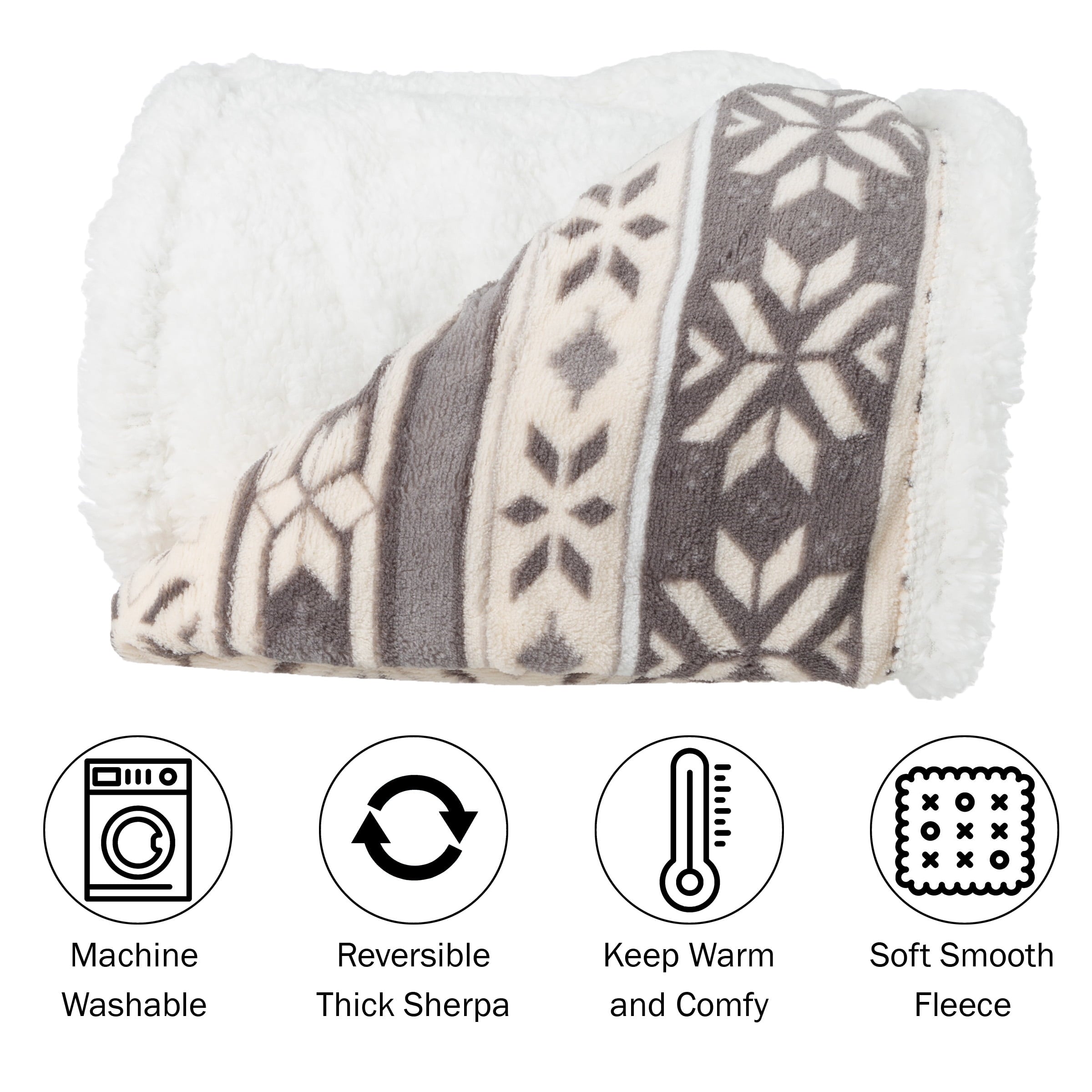 Lightweight Warm 50x60-Inch Machine Washable Fleece Blanket with Snowflakes - Super Soft Reversible Sherpa Flannel Blanket Detail