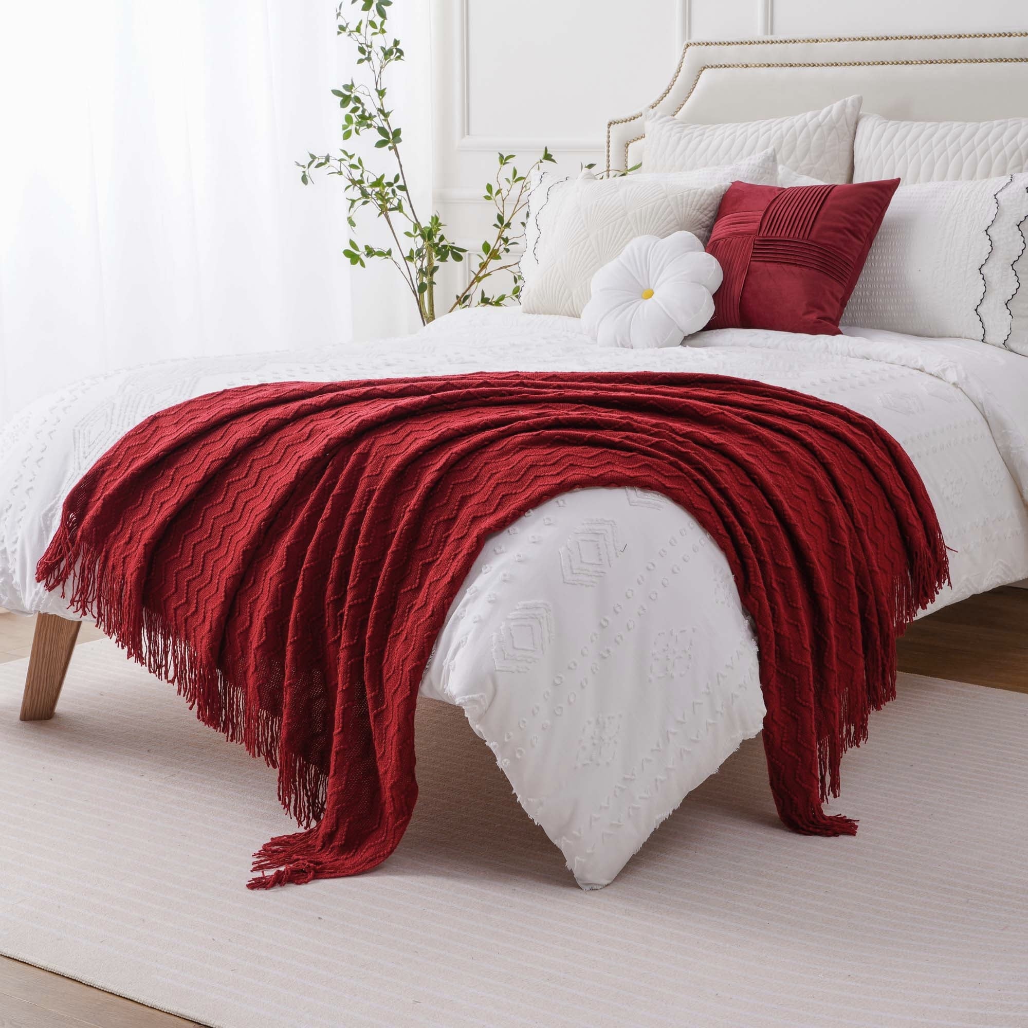 Reversible Sherpa Dark Red Blanket for Couch,Burgundy Knit Throw Blanket for Bedroom,Christmas Throw,50"x60" - Luxury Knitted Decorative Throw Blanket with Fringes Detail