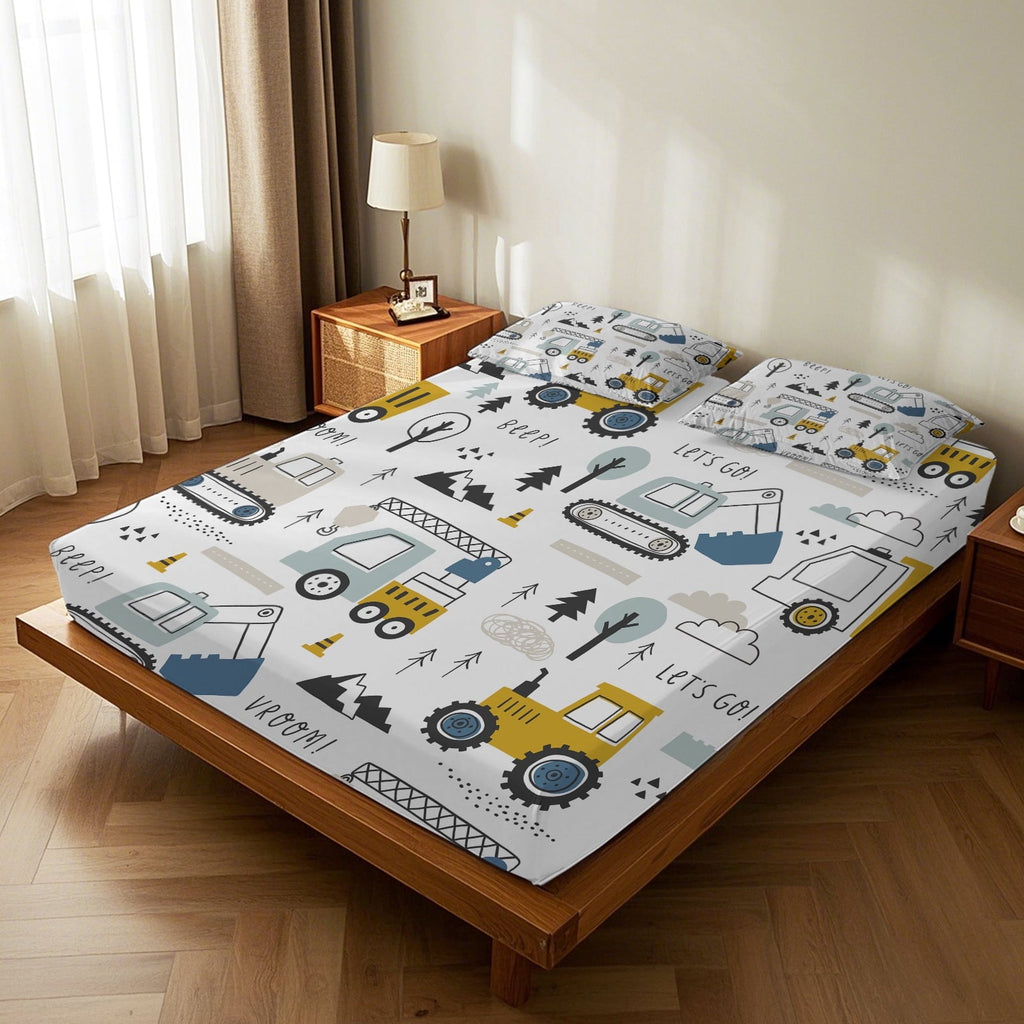 Breathable Luxury Cartoon Excavator Sheet Set for Kids Boys Truck Construction Bedding Set Engineering Vehicle Bed Sheet Sets with 1 Fi... - Luxury Bed Sheet Set with Deep Pockets Detail