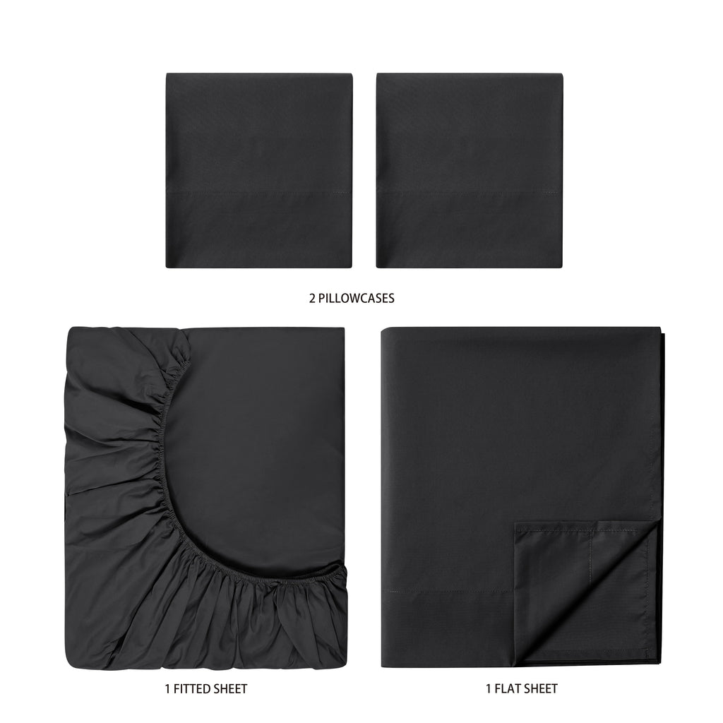 Cooling Sateen Microfiber Bed Sheet Set, Queen, Rich Black, 4 Piece - Luxury Bed Sheet Set with Deep Pockets Detail