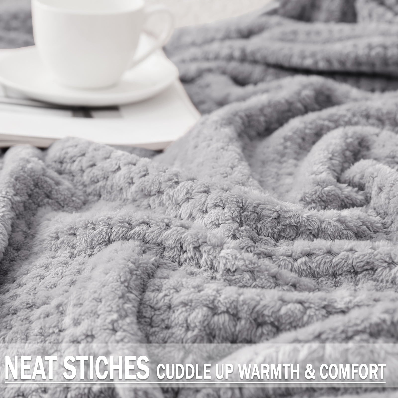 Cozy Fleece Waffle Textured Extra Large Fleece Blanket, Super Soft and Warm Throw Blanket for Couch, Sofa and Bed (Light Grey, 50... - Cozy Fleece Throw Blanket for Couch & Bed Detail