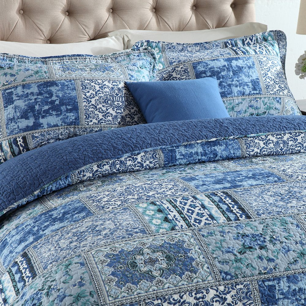 Luxurious Quilted Quilt Comforter Cotton Bedding Set With Shams, Vintage Blue, King - Luxurious Quilted Duvet Cover Set Detail