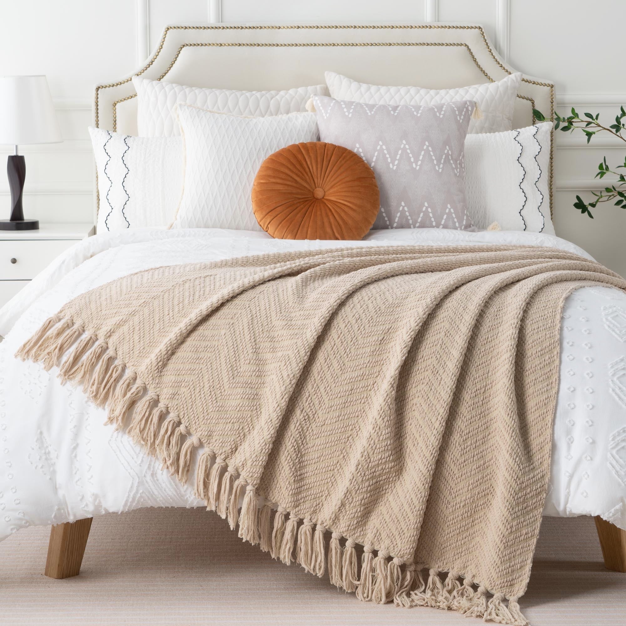 Decorative Knitted Beige Throw Blanket,Textured Knitted Tan Throws with Tassels,Neutral Sofa Bed Throws,50"x60" - Cozy Fleece Throw Blanket for Couch & Bed Detail