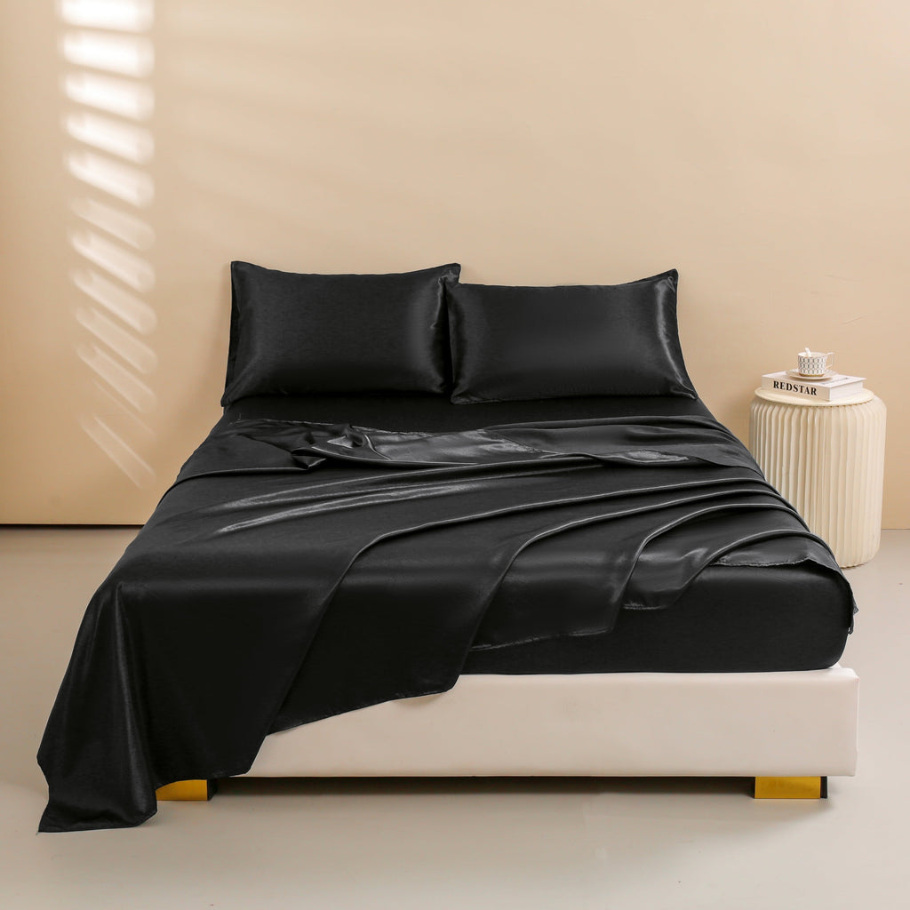 Breathable Luxury 4Pcs Black Satin Sheets Queen Set Silk Sheets 13" Deep Pocket Ultra Soft silky Bed Sheet Set - Breathable Egyptian Cotton Flat & Fitted Sheets Detail