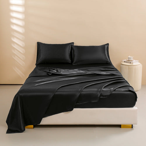 Breathable Luxury 4Pcs Black Satin Sheets Queen Set Silk Sheets 13" Deep Pocket Ultra Soft silky Bed Sheet Set - Breathable Egyptian Cotton Flat & Fitted Sheets Detail