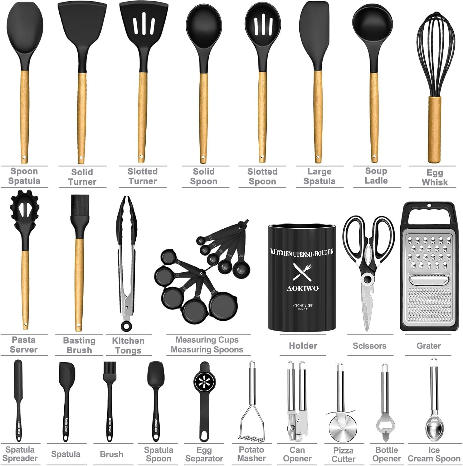 Non-Stick Safe Kitchen Utensil Set, 34Pieces Silicone Cooking Utensil Set with Wooden Handle, Heat Resistant Spatula Set Gadg... - Ergonomic Kitchen Tongs and Cooking Spoon Utensil Detail