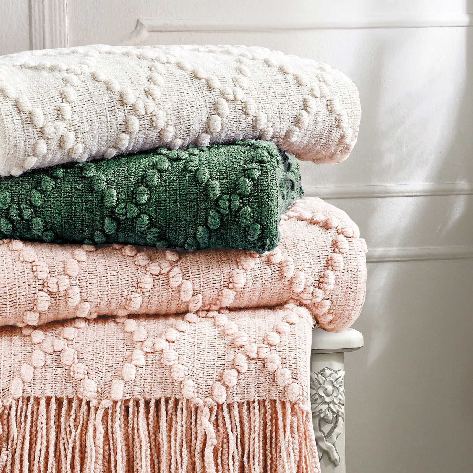 Lightweight Warm Texture Pure Color Soft Throw Blanket and Sofa Or Bed Knitted Decorative Blanket 50 x70 inches Jacquard Diamond Beige... - Cozy Fleece Throw Blanket for Couch & Bed Detail