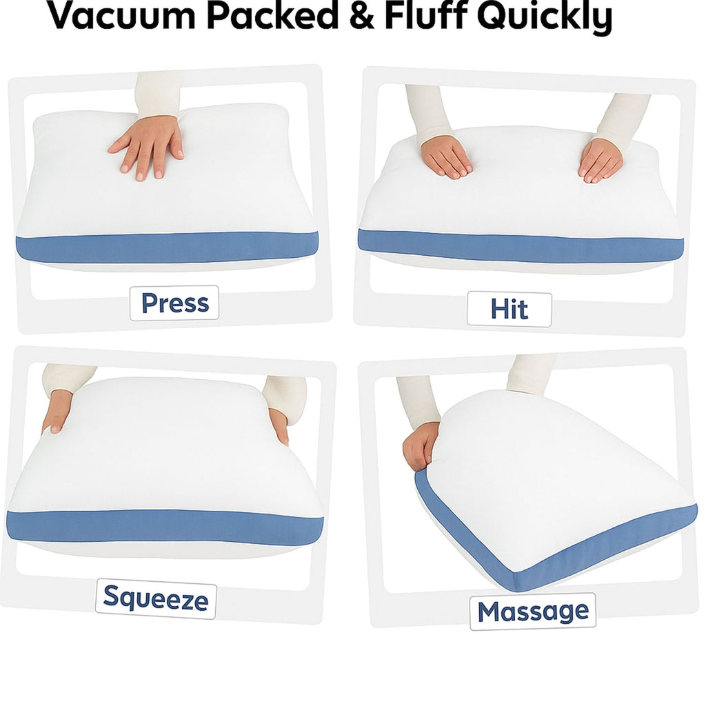 Decorative Plump Gusseted Queen 18x26 Bed Pillows for Sleeping Set of 2 Polycotton White Blue Stripe Comfortable - Hotel Quality Plush Sleeping Pillows Detail