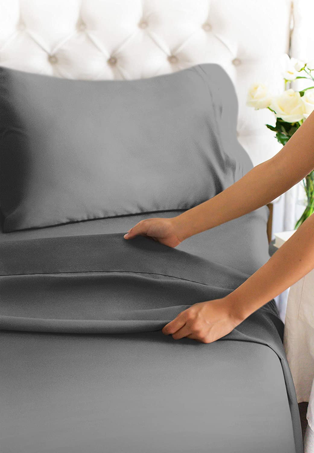 Breathable Luxury 4-Piece Extra Deep Pocket Sheet Set - Full Size Breathable & Cooling Bed Sheets Fits 18"-24" Mattresses, Gray - Premium Ultra-Soft Pillowcase Pair for Sleeping Detail