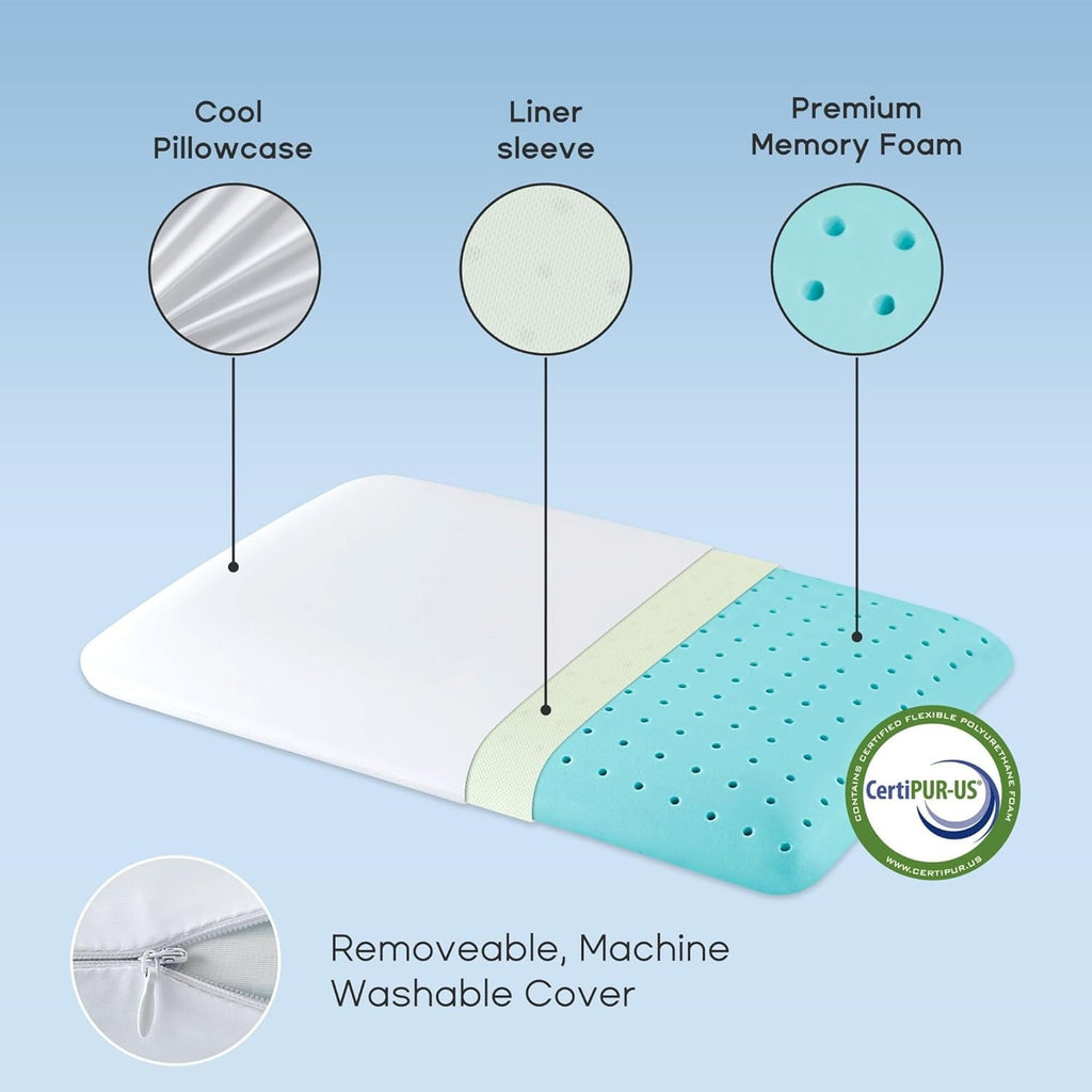 Decorative Plump Ultra Thin Cooling Memory Foam Pillows, Summer Bed Pillows for Back, Stomach or Side Sleepers, Flat Pillow with Washa... - Hotel Quality Plush Sleeping Pillows Detail