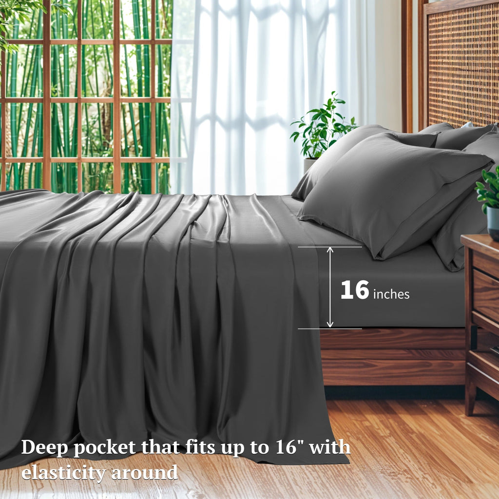 Premium Egyptian Cotton 6 Pieces Bamboo Bed Sheets Set, Luxury Rayon Derived - Deep Pockets - Wrinkle Free - Extremely Soft, Queen, Dark Gray - Premium Ultra-Soft Pillowcase Pair for Sleeping Detail