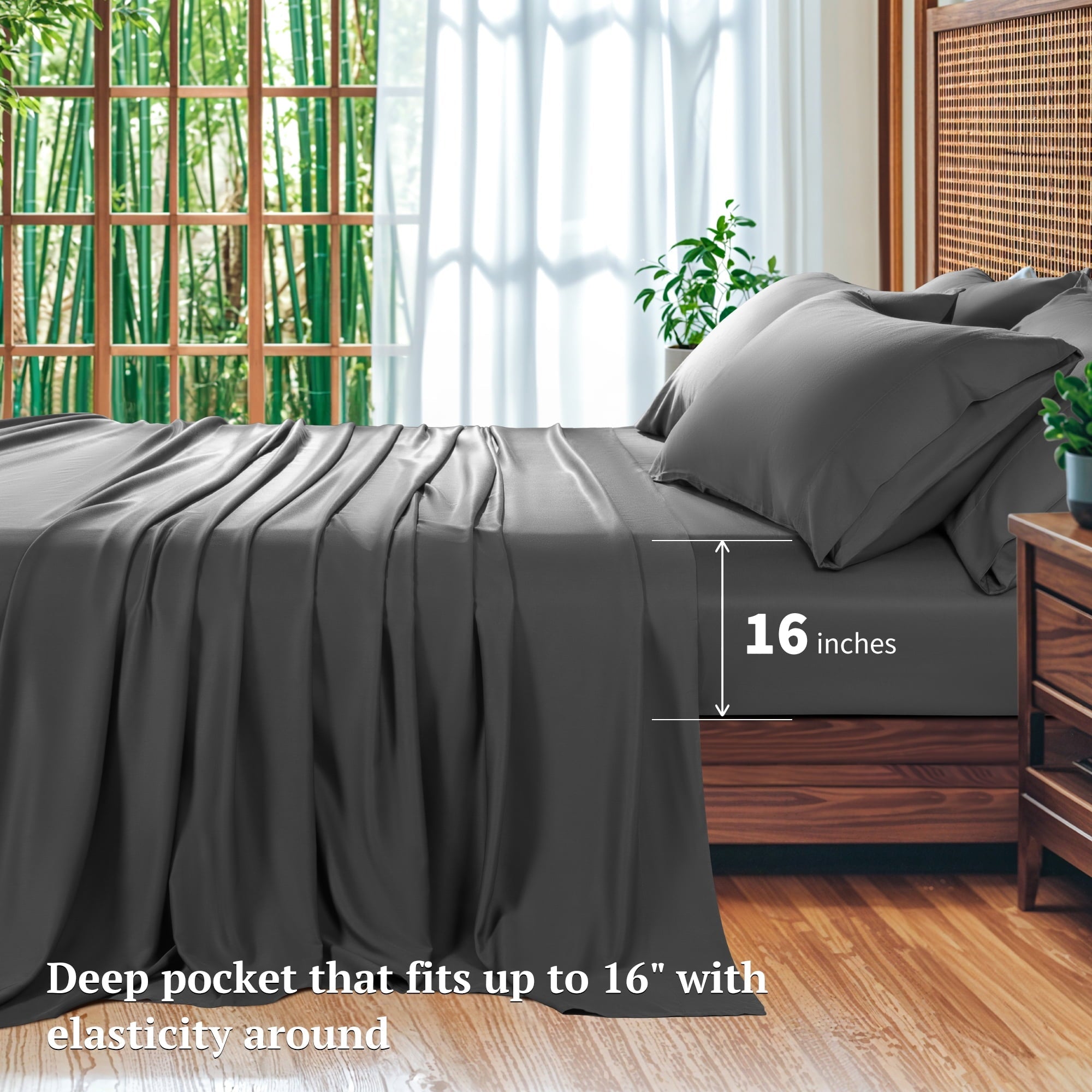 Premium Egyptian Cotton 6 Pieces Bamboo Bed Sheets Set, Luxury Rayon Derived - Deep Pockets - Wrinkle Free - Extremely Soft, Queen, Dark Gray - Premium Ultra-Soft Pillowcase Pair for Sleeping Detail
