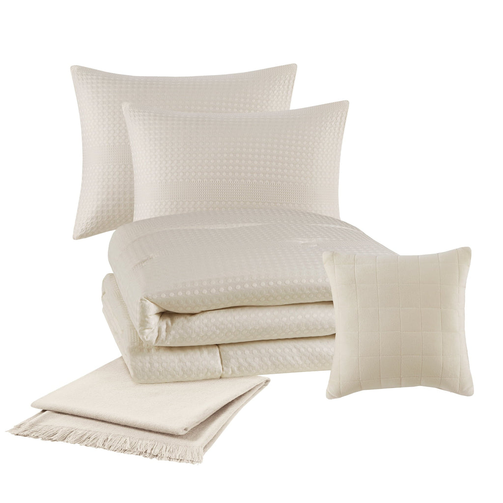 All-Season 5-Piece Papyrus Beige Waffle Comforter Set, Full/Queen - Luxurious Quilted Duvet Cover Set Detail