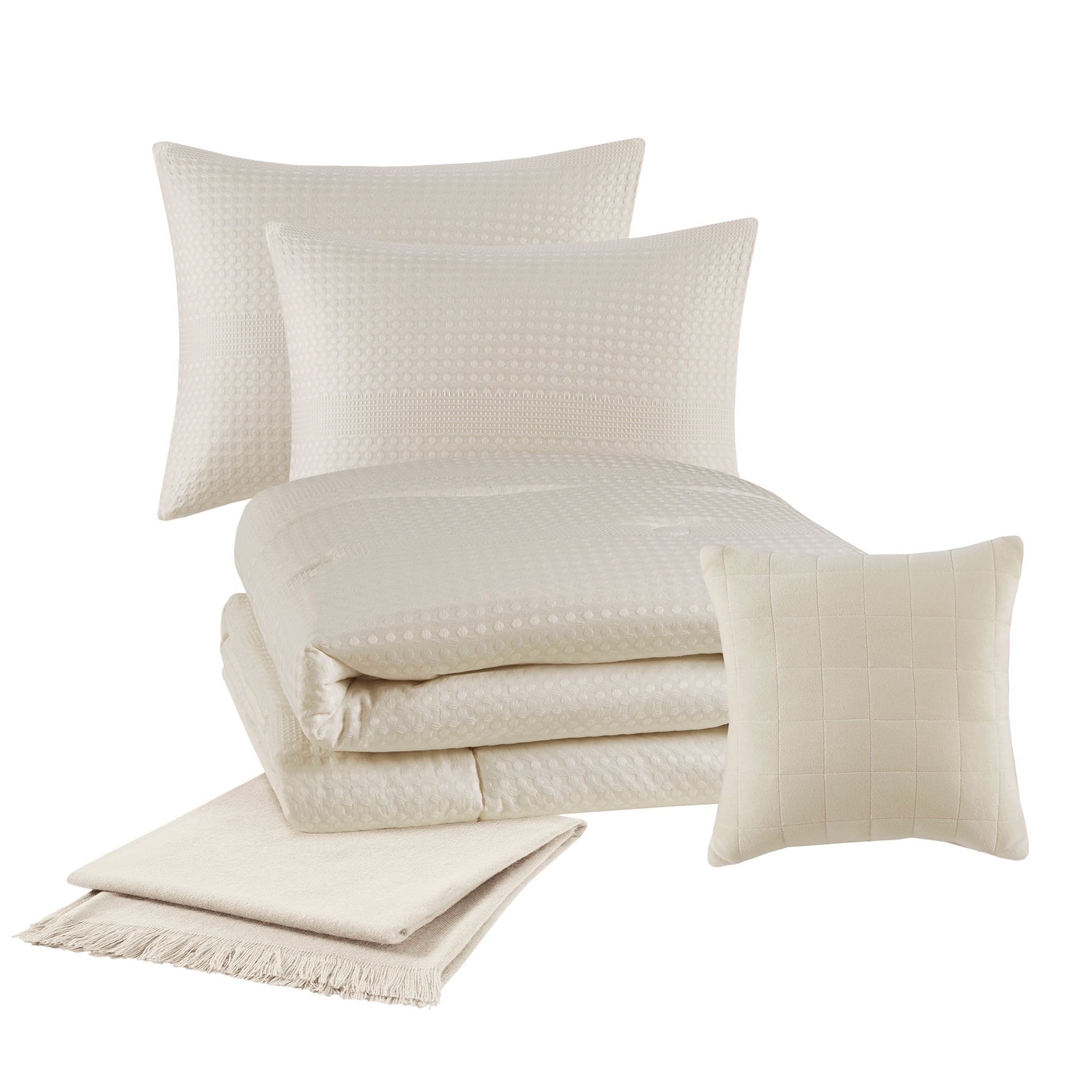 All-Season 5-Piece Papyrus Beige Waffle Comforter Set, Full/Queen - Luxurious Quilted Duvet Cover Set Detail