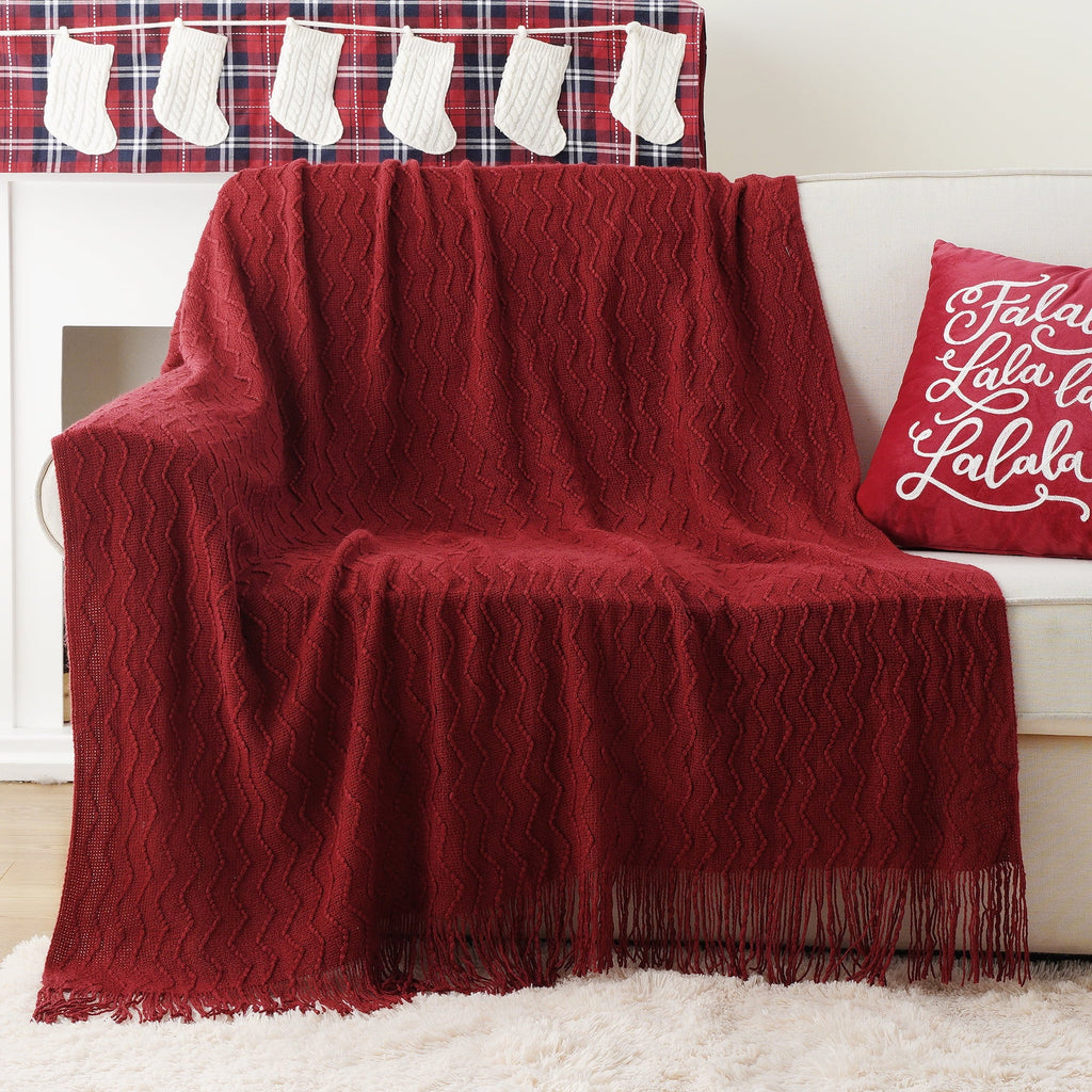 Reversible Sherpa Dark Red Blanket for Couch,Burgundy Knit Throw Blanket for Bedroom,Christmas Throw,50"x60" - Luxury Knitted Decorative Throw Blanket with Fringes Detail