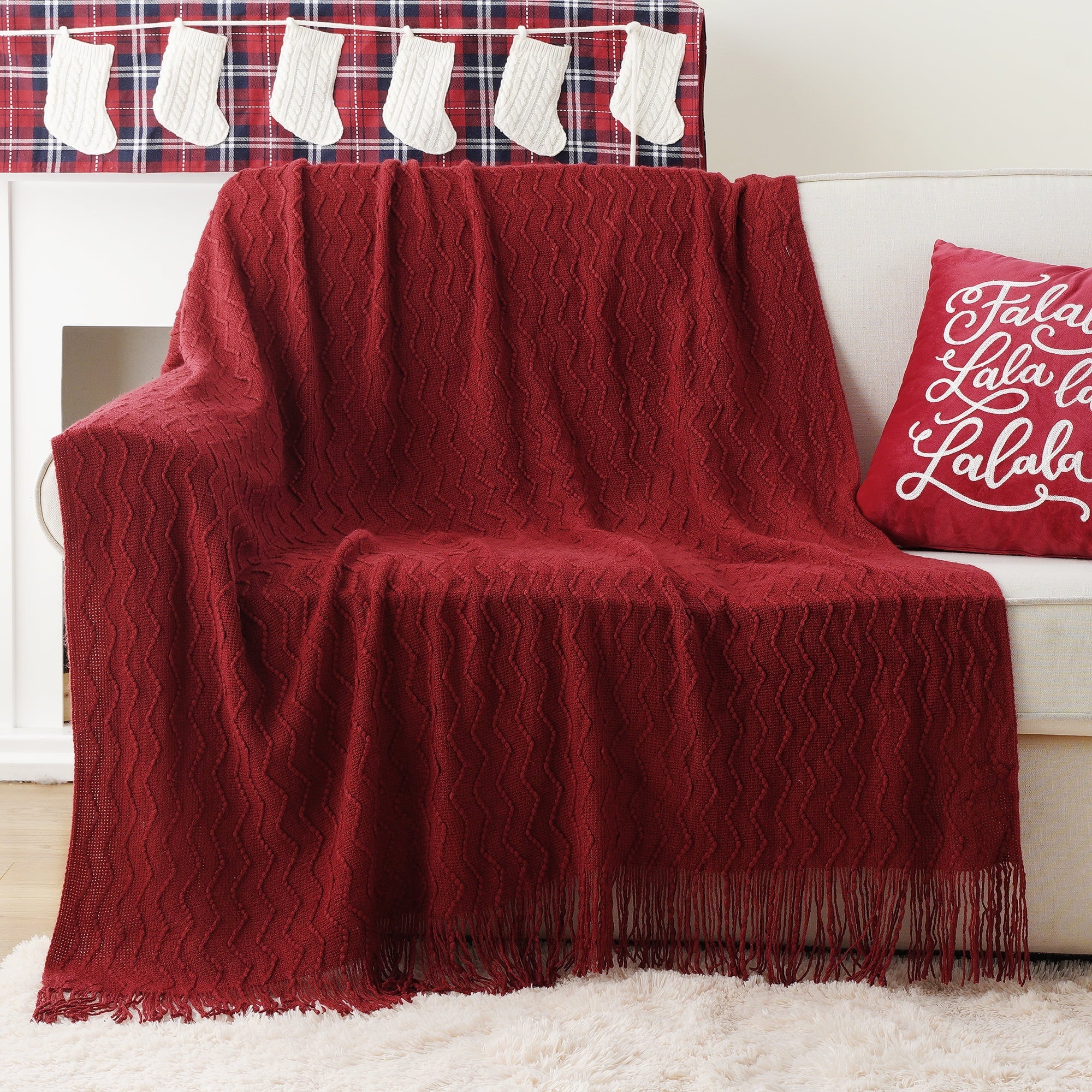 Reversible Sherpa Dark Red Blanket for Couch,Burgundy Knit Throw Blanket for Bedroom,Christmas Throw,50"x60" - Luxury Knitted Decorative Throw Blanket with Fringes Detail