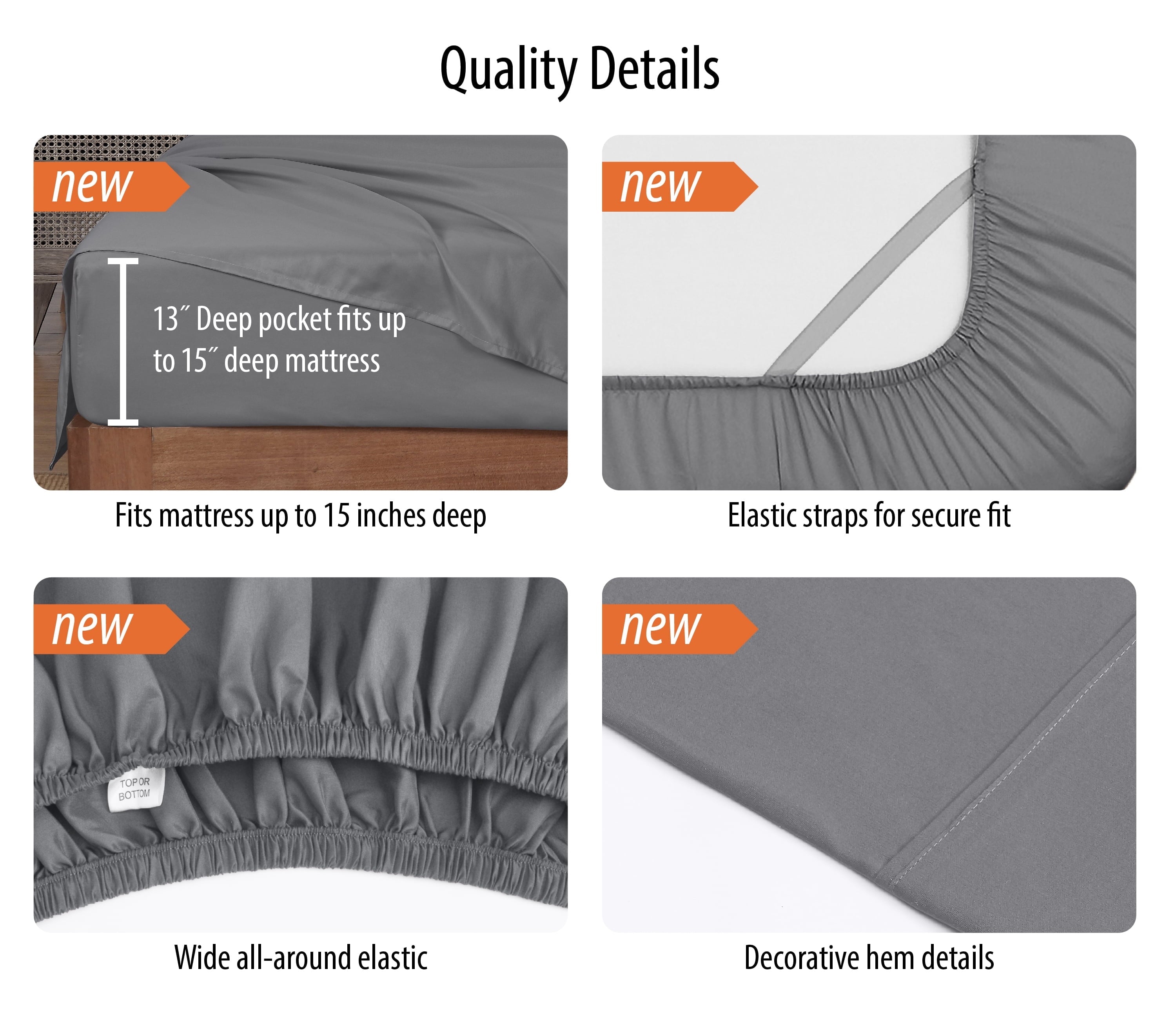 Cooling Sateen Super Soft Brushed Microfiber Bed Sheet Set, Soothing Gray, Queen, 4 Piece - Premium Ultra-Soft Pillowcase Pair for Sleeping Detail