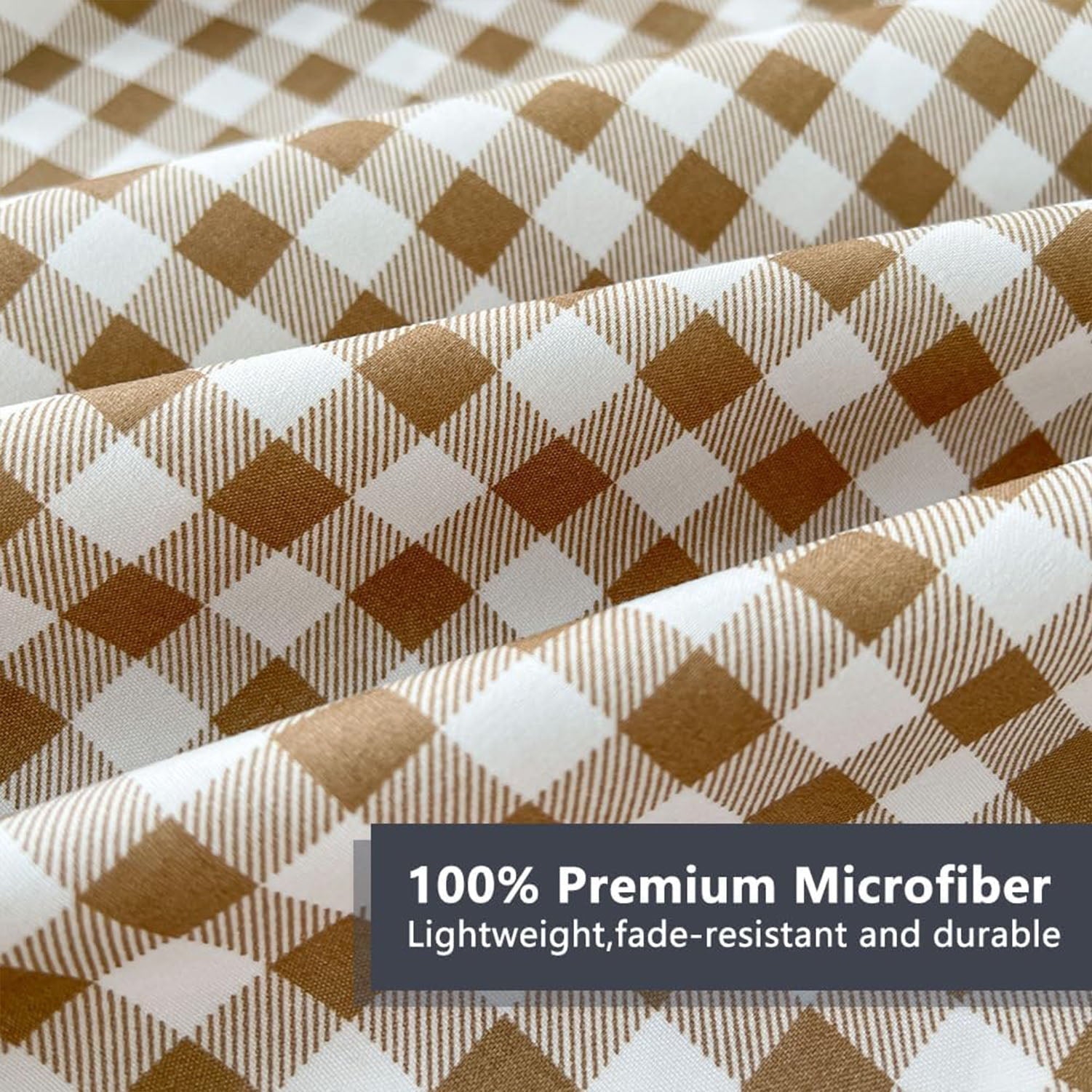 Premium Egyptian Cotton Sheet Set, Soft Brushed Microfiber Taupe Plaid Sheets, 4-Piece Brown Grid Set with Deep Pocket - Luxury Bed Sheet Set with Deep Pockets Detail