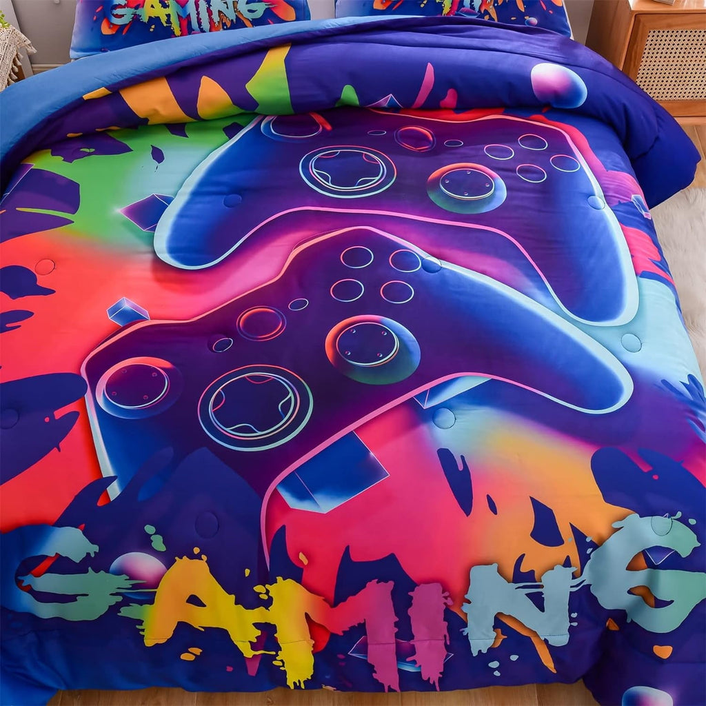 All-Season Purple Queen Gaming Comforter Sets for Boys Kids Bedding Sets Colorful Games Console Gamer Quilt Set - Luxurious Quilted Duvet Cover Set Detail