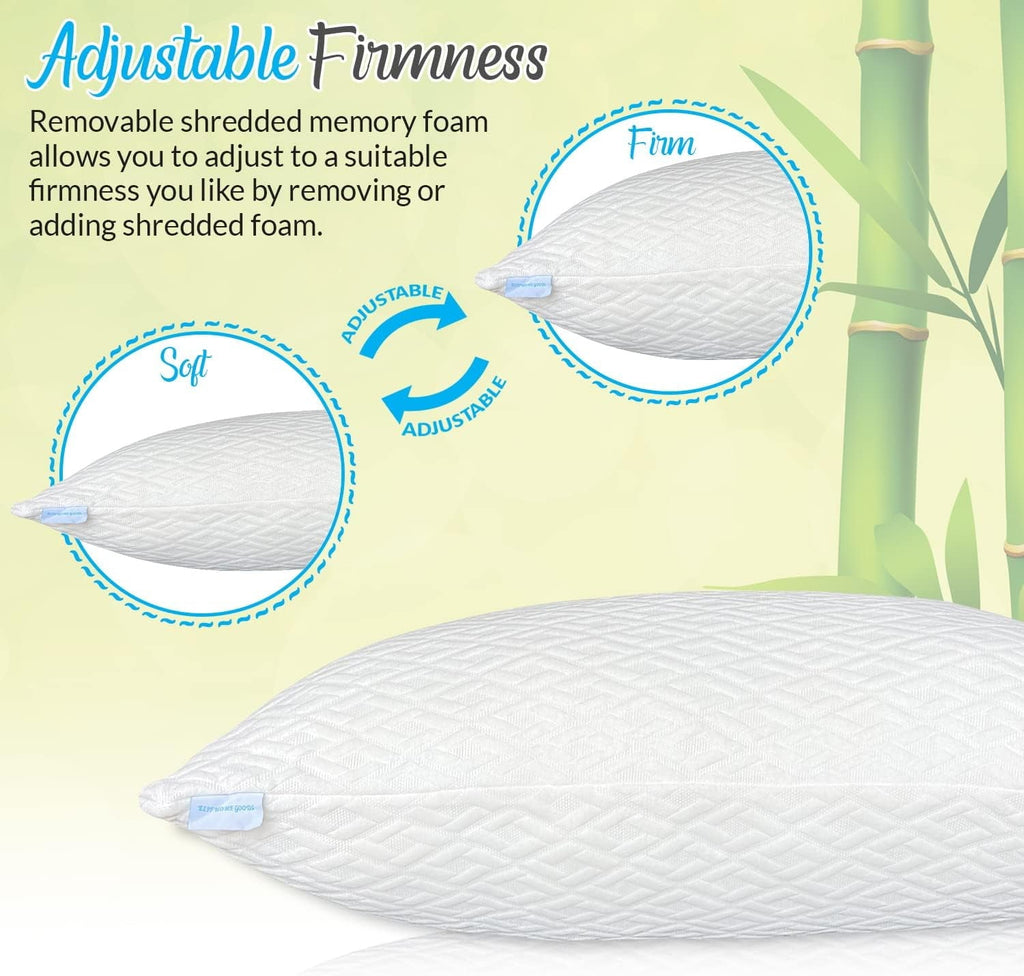 Fluffy Shredded King Size Bamboo Pillow, Memory Foam Bed Pillows with Washable Pillowcases, King (1 Pack) - Orthopedic Shredded Foam Bed Pillow Set Detail