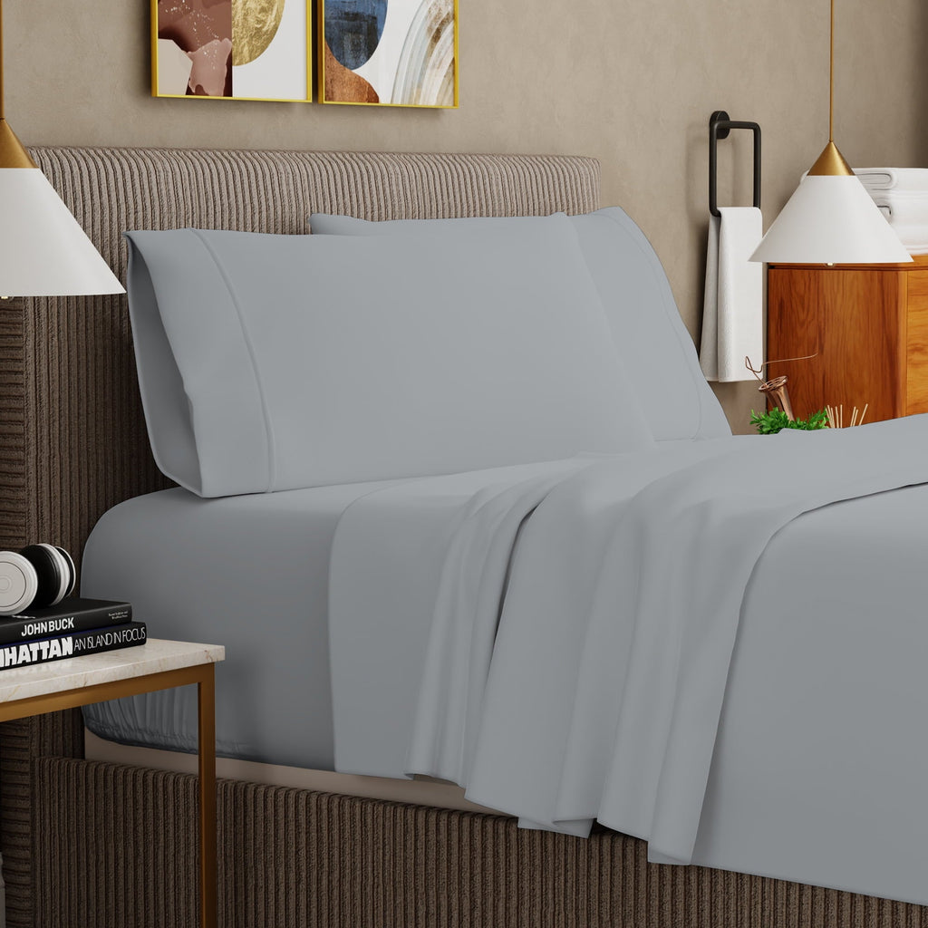 Breathable Luxury Soft Finish Microfiber Percale Queen Bed Sheet Set – 4-Piece Lightweight, Wrinkle-Resistant, Quick-Dry, Light Gray - Premium Ultra-Soft Pillowcase Pair for Sleeping Detail