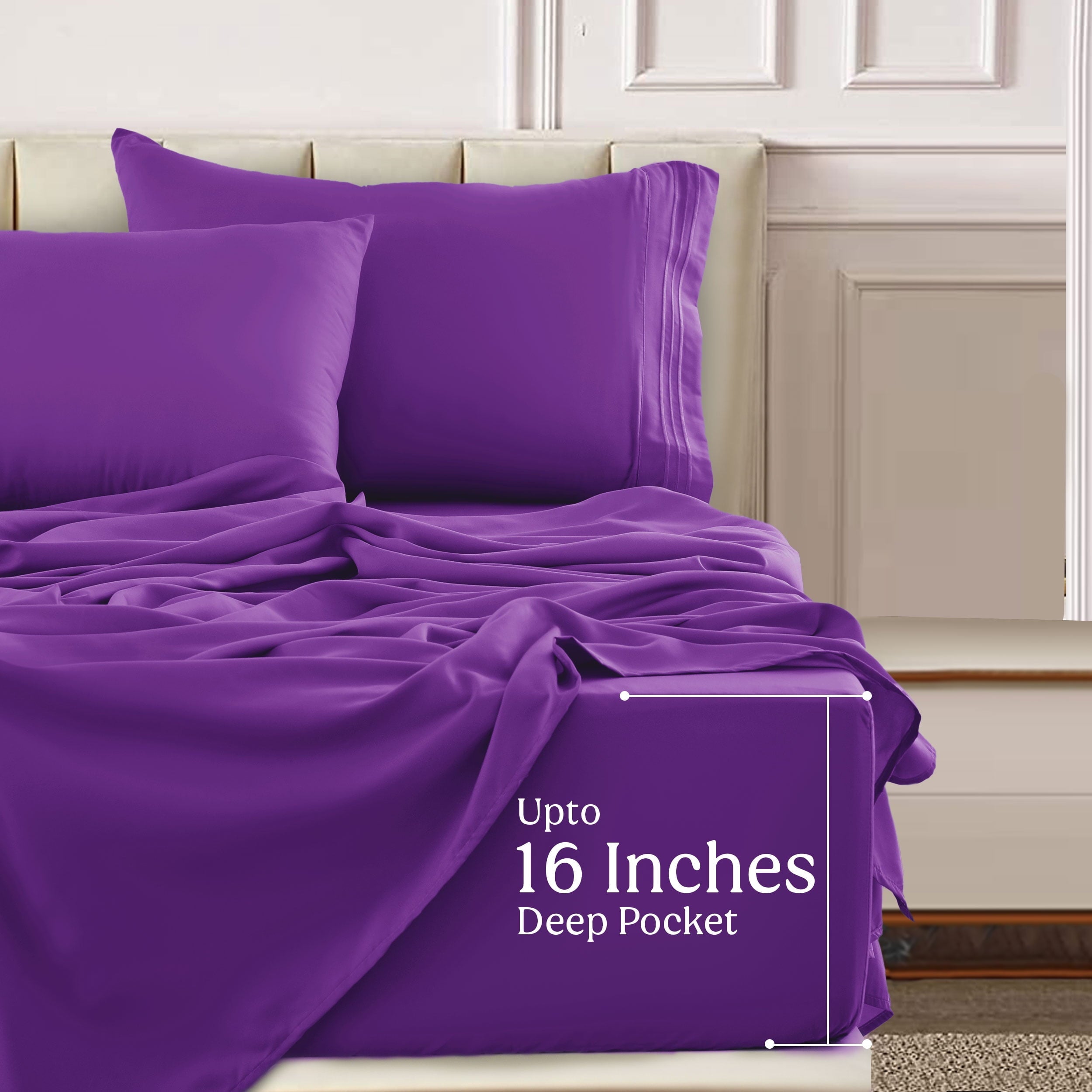 Cooling Sateen King Bed Sheets - 16 Inch Deep Pocket 6 Piece Microfiber Bedding Sheets & Pillowcase Sets - Purple - Luxury Bed Sheet Set with Deep Pockets Detail