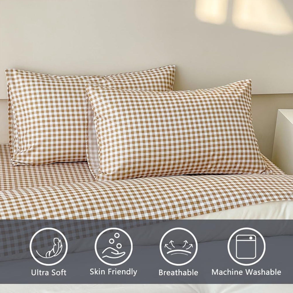 Premium Egyptian Cotton Sheet Set, Soft Brushed Microfiber Taupe Plaid Sheets, 4-Piece Brown Grid Set with Deep Pocket - Luxury Bed Sheet Set with Deep Pockets Detail
