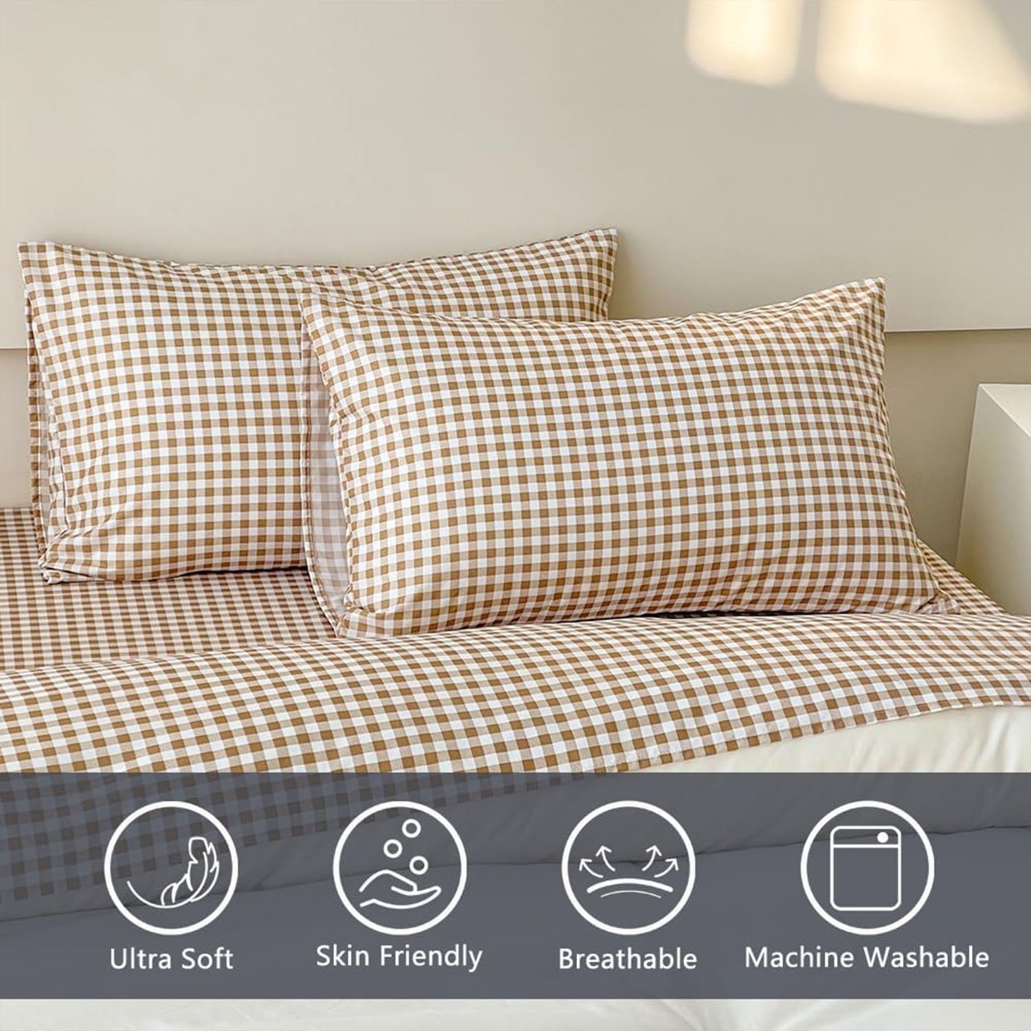 Premium Egyptian Cotton Sheet Set, Soft Brushed Microfiber Taupe Plaid Sheets, 4-Piece Brown Grid Set with Deep Pocket - Luxury Bed Sheet Set with Deep Pockets Detail