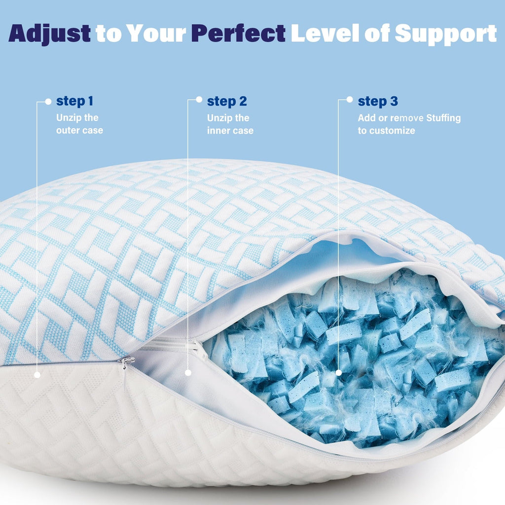 Fluffy Shredded Cooling Bed Pillows for Sleeping Shredded Memory Foam Pillows Queen Size Set of 2 Pack - Decorative Throw Pillow Cushion for Sofa & Bed Detail