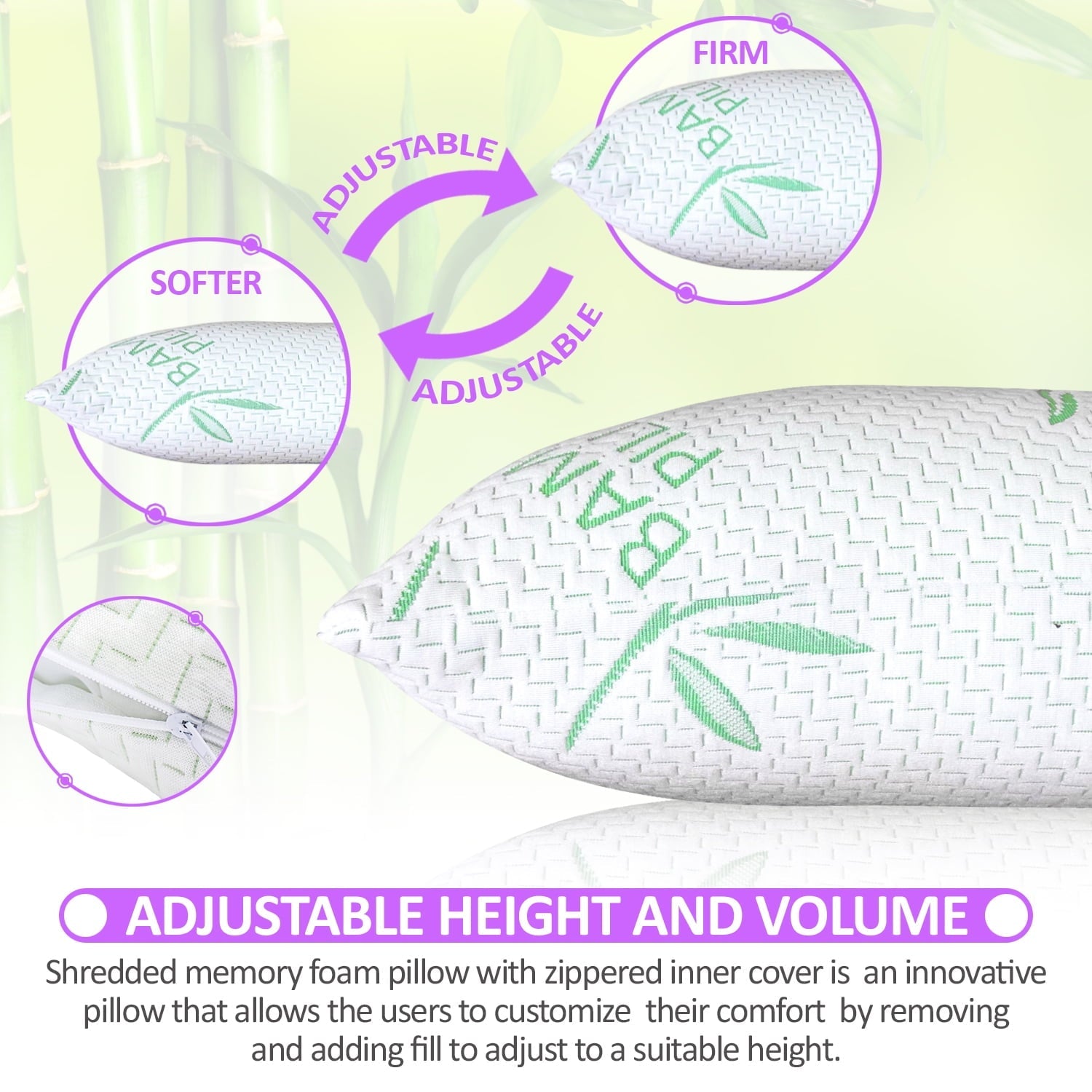 Fluffy Shredded King Size Bamboo Pillow, Memory Foam Bed Pillows with Washable Pillowcases, King - Decorative Throw Pillow Cushion for Sofa & Bed Detail