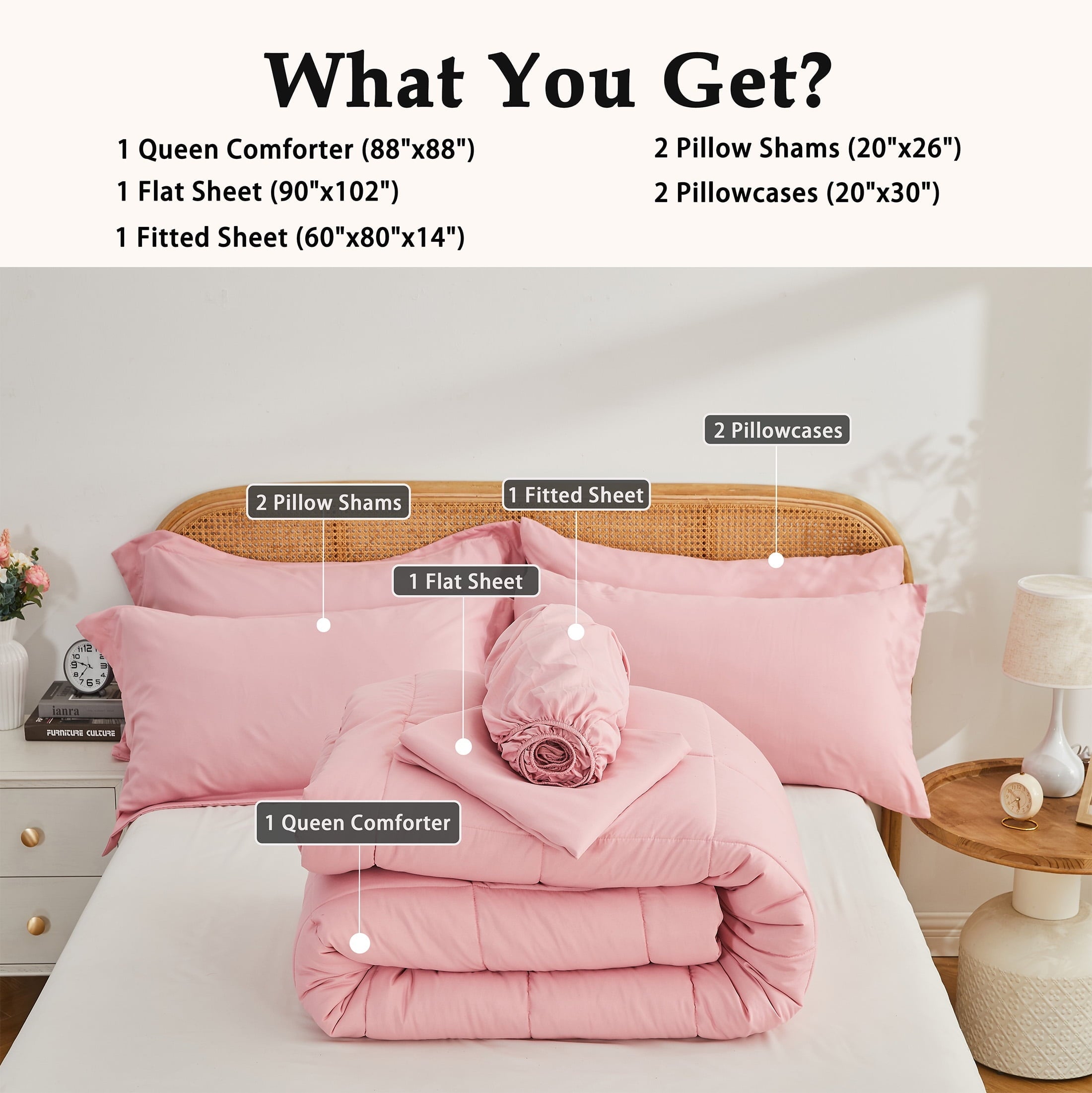 Heavyweight Warmth 7-Piece Queen Size Comforter Set,Pink Reversible Bed in a Bag,All Season Solid Bedding Set with Sheets,Pillowcases & ... - All-Season Down Alternative Comforter Insert Detail