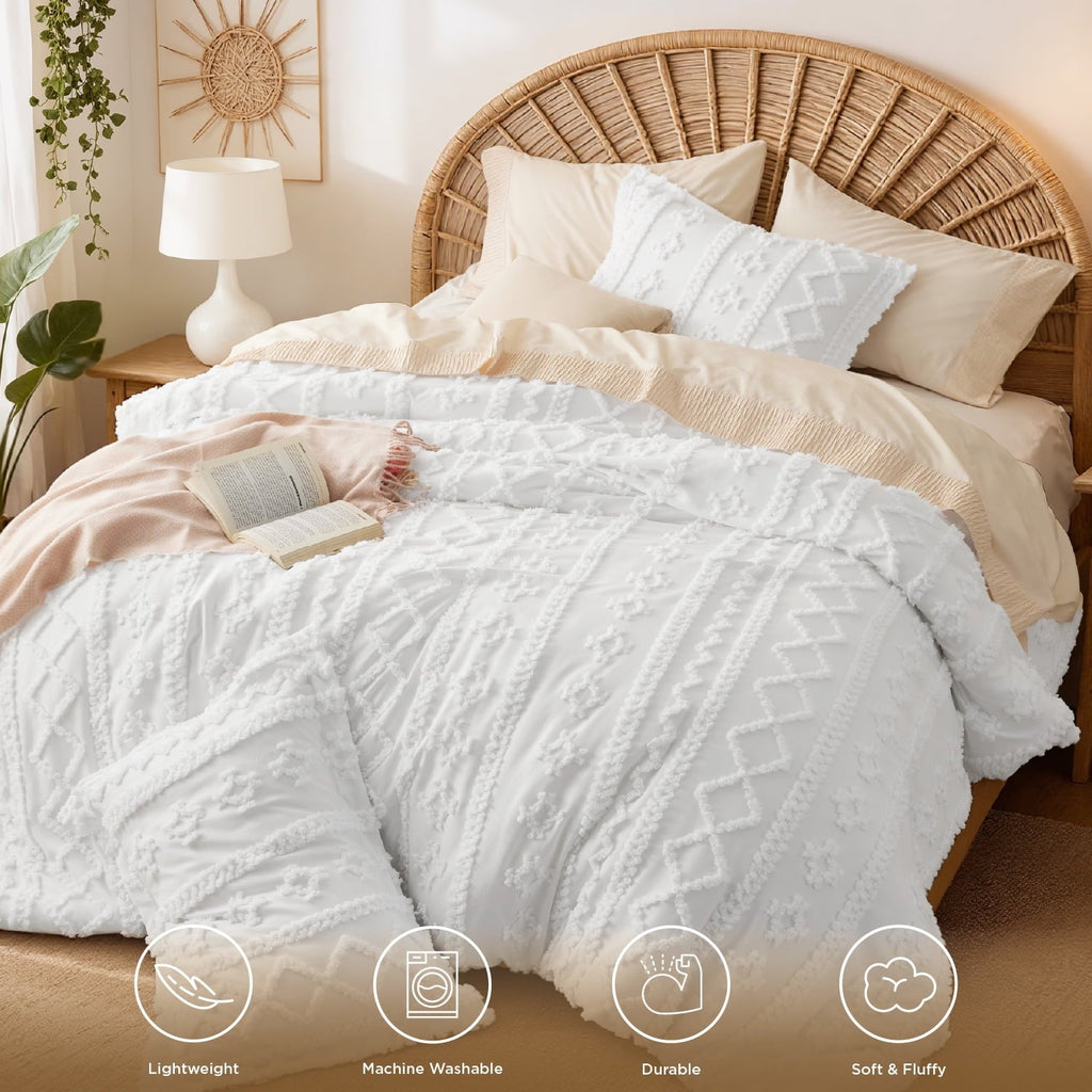 Fluffy Down Alternative Tufted Boho Comforter Set, 2 Pieces Farmhouse Shabby Chic Embroidery Bed Set, Soft Jacquard Comforter for All Seasons... - Luxurious Quilted Duvet Cover Set Detail
