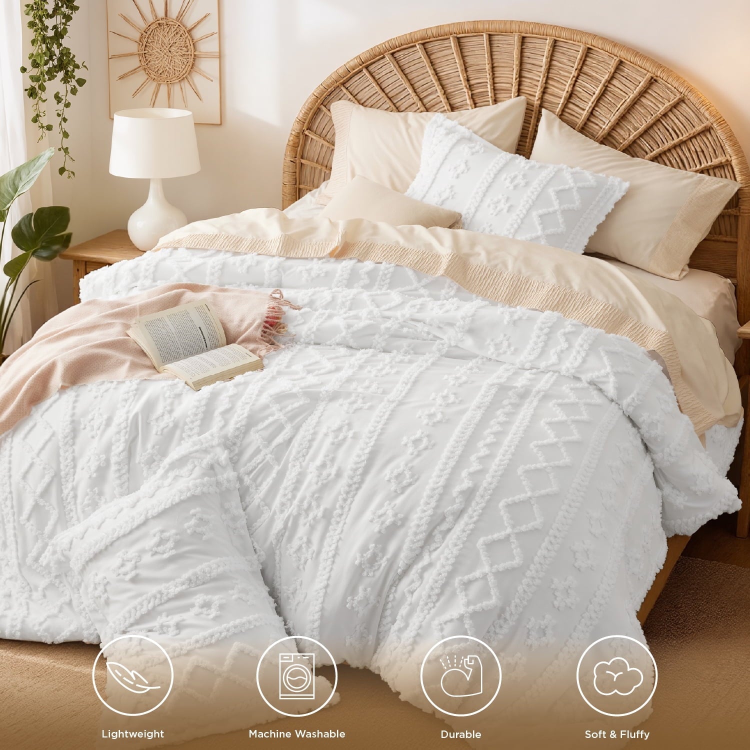 Fluffy Down Alternative Tufted Boho Comforter Set, 2 Pieces Farmhouse Shabby Chic Embroidery Bed Set, Soft Jacquard Comforter for All Seasons... - Luxurious Quilted Duvet Cover Set Detail