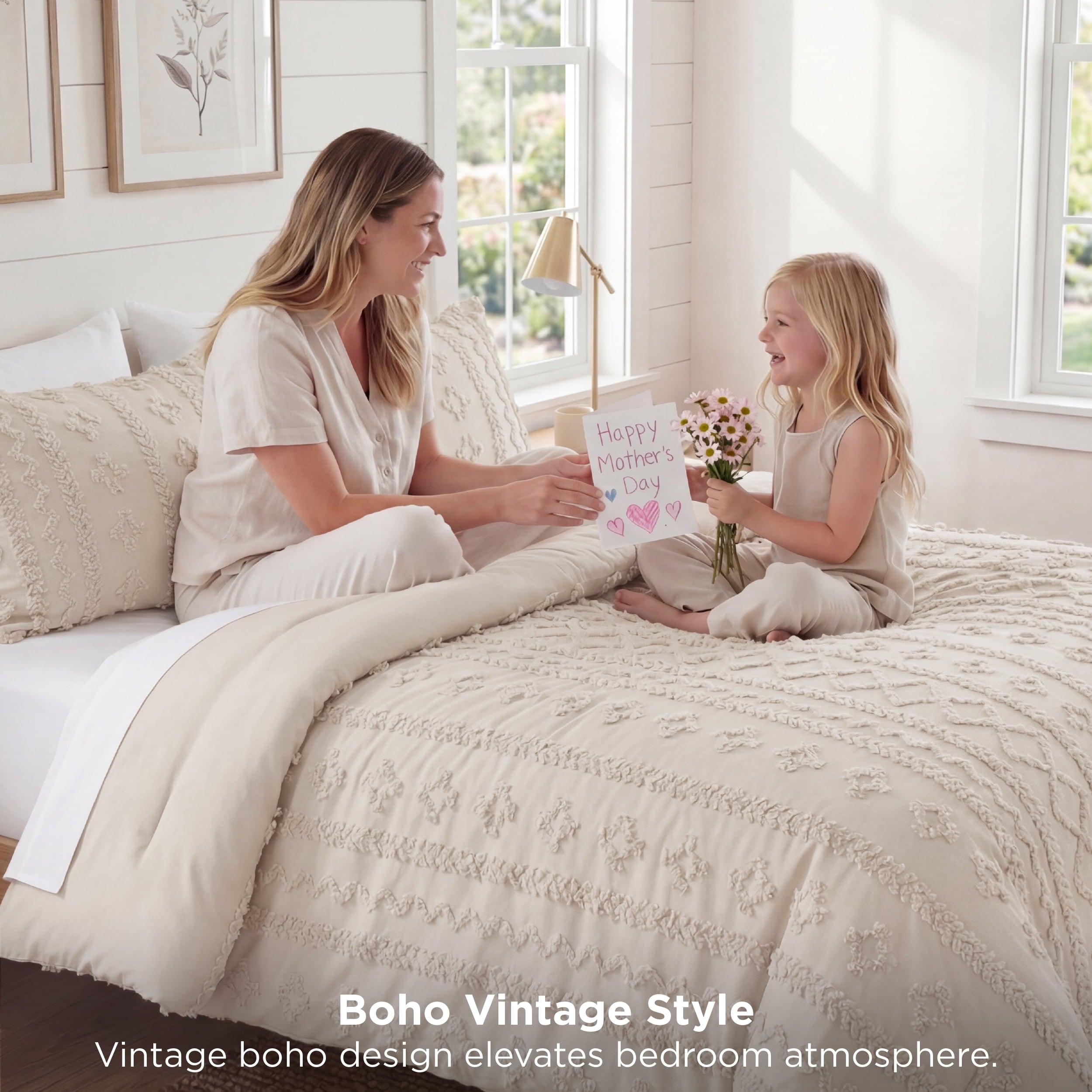 Hypoallergenic Cloud Tufted Boho Comforter Set Queen, Beige, 3 Pieces Farmhouse Shabby Chic Embroidery Bedding Set, Soft Jacquard Comforte... - Hypoallergenic Ultra-Fluffy Quilt for Winter Detail