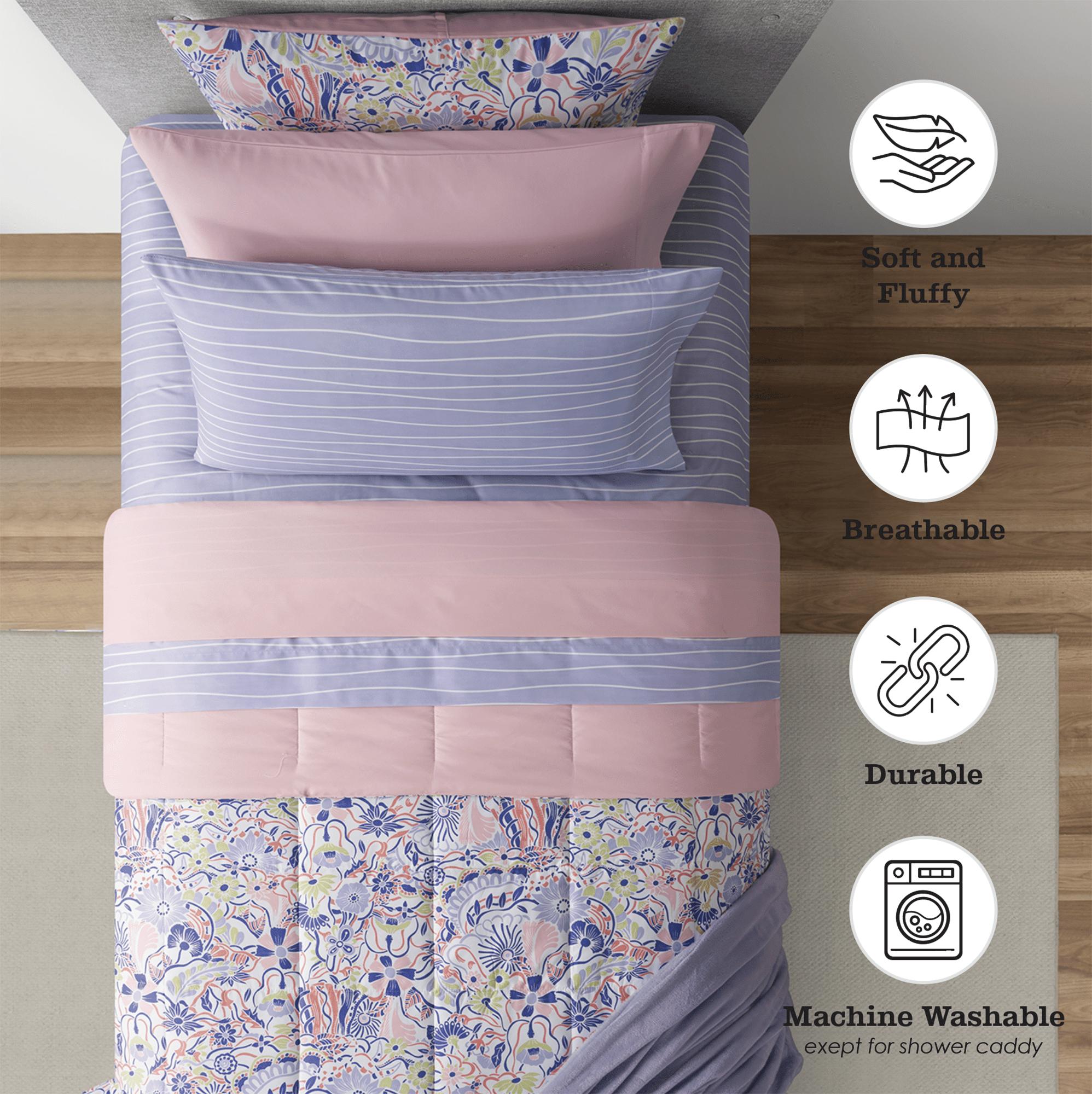 Hypoallergenic Cloud 14pc College Dorm Essentials Bundle, Twin-XL, Reversible Bed in a Bag Comforter Set, Purple Floral - Cloud-Like Soft Lightweight Bed Comforter Detail