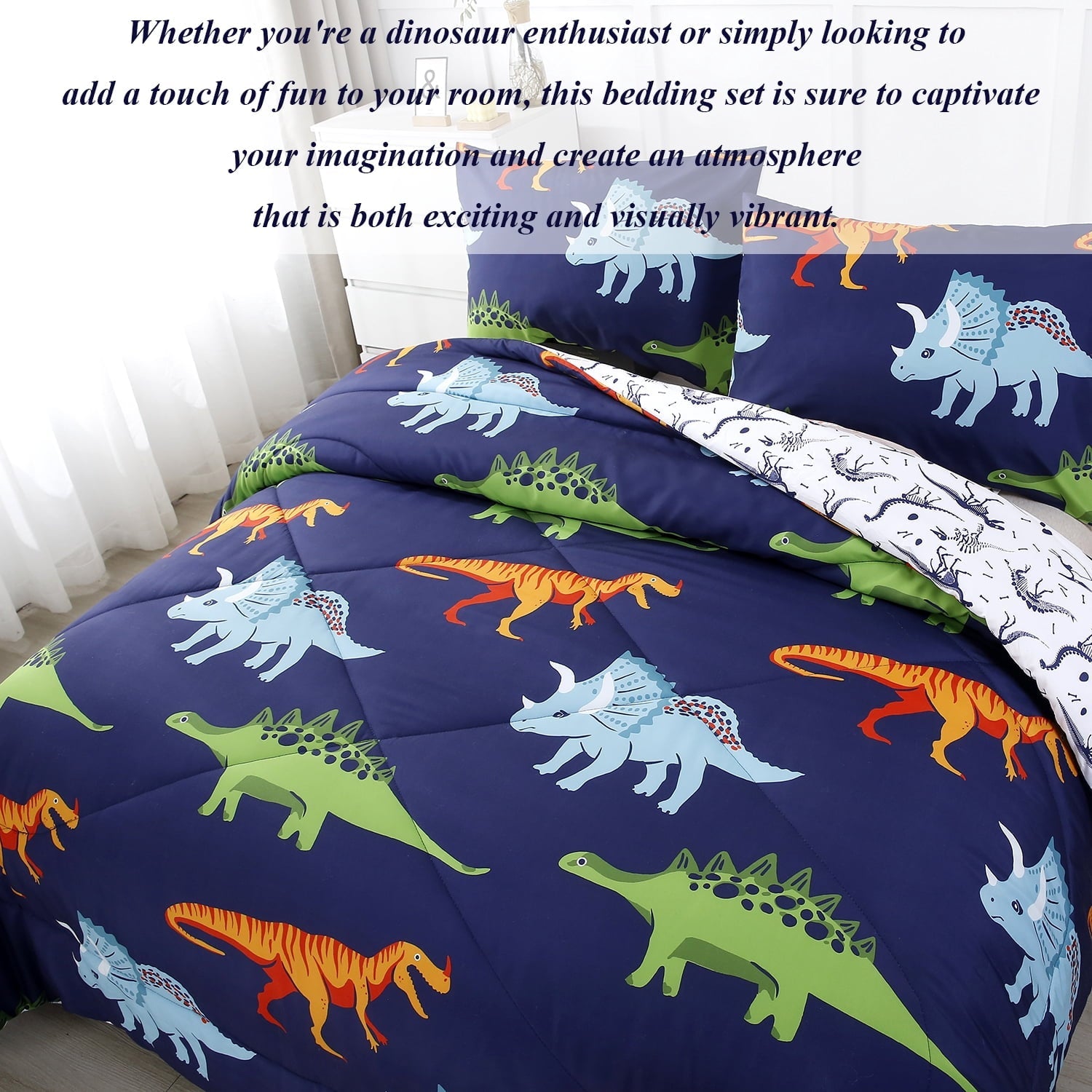 Heavyweight Warmth 3 Pcs Dinosaur Twin Size Bedding Sets for Boys, Dinosaur Printing Boys Comforter Set, Blue and White Reversible Bed C... - Hypoallergenic Ultra-Fluffy Quilt for Winter Detail
