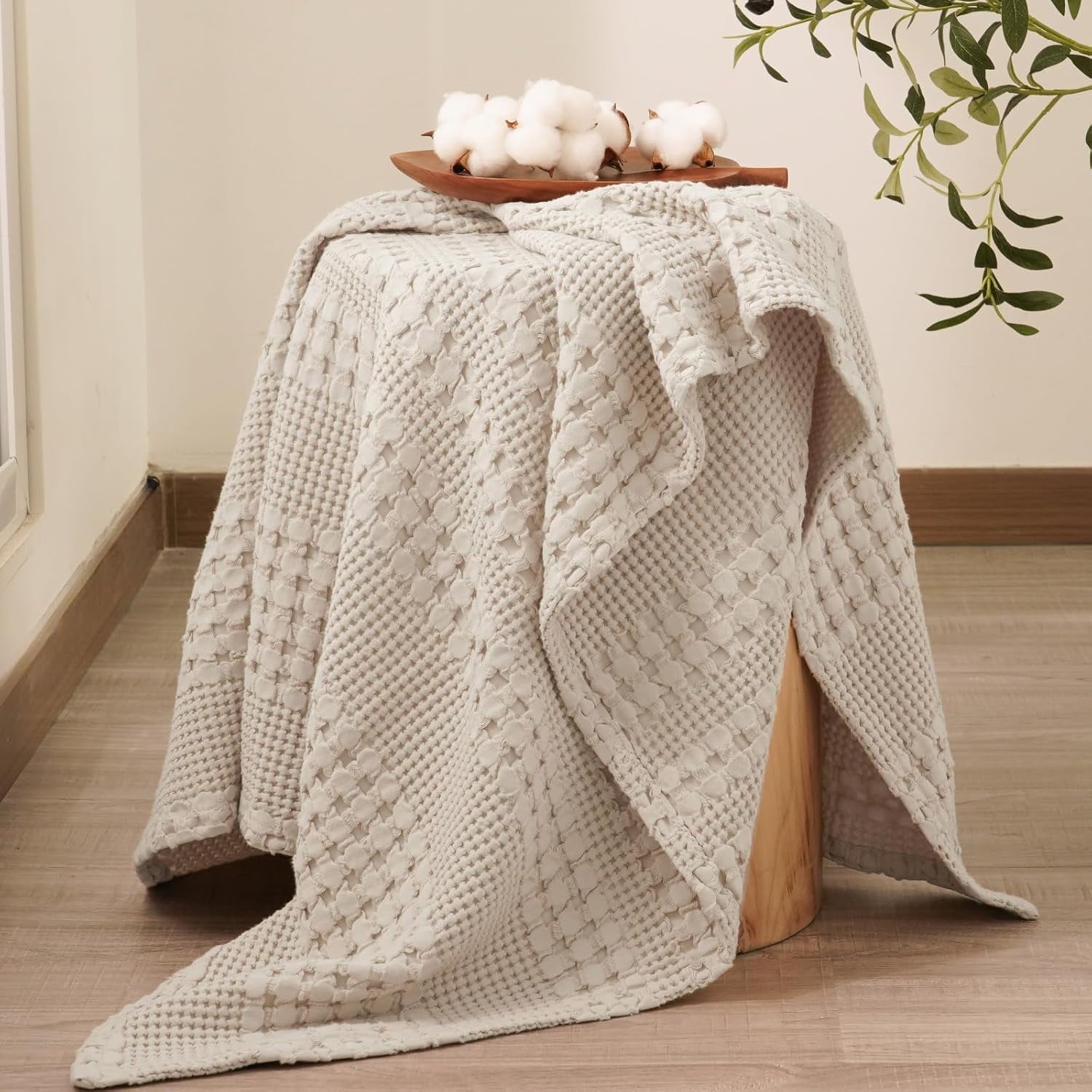Super Soft Flannel 100% Cotton Waffle Weave Blanket, Lightweight Throw Washed Blanket for Bed Sofa Home Decor, Oatmeal, 50"x60" - Lightweight Plush Warm Blanket for All Seasons Detail