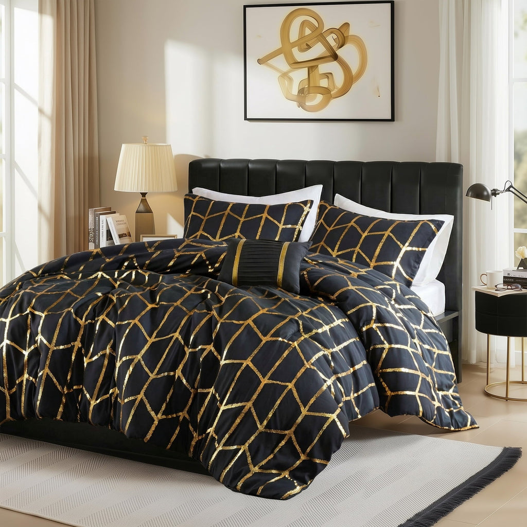 Hypoallergenic Cloud Full/Queen Size Comforter Set, 4-Piece Bedding Set for All Seasons, Geometric Metallic Comforter Bed Set with Decor P... - Luxurious Quilted Duvet Cover Set Detail