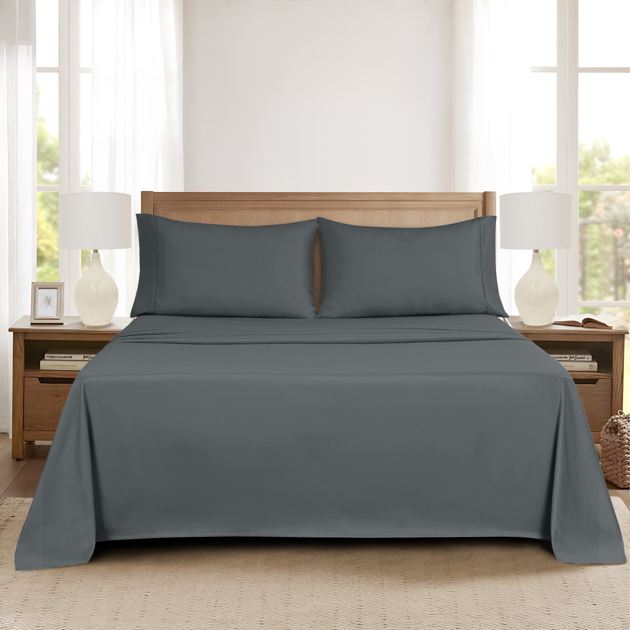 Cooling Sateen Super Soft Brushed Microfiber Bed Sheet Set, Soothing Gray, Queen, 4 Piece - Premium Ultra-Soft Pillowcase Pair for Sleeping Detail