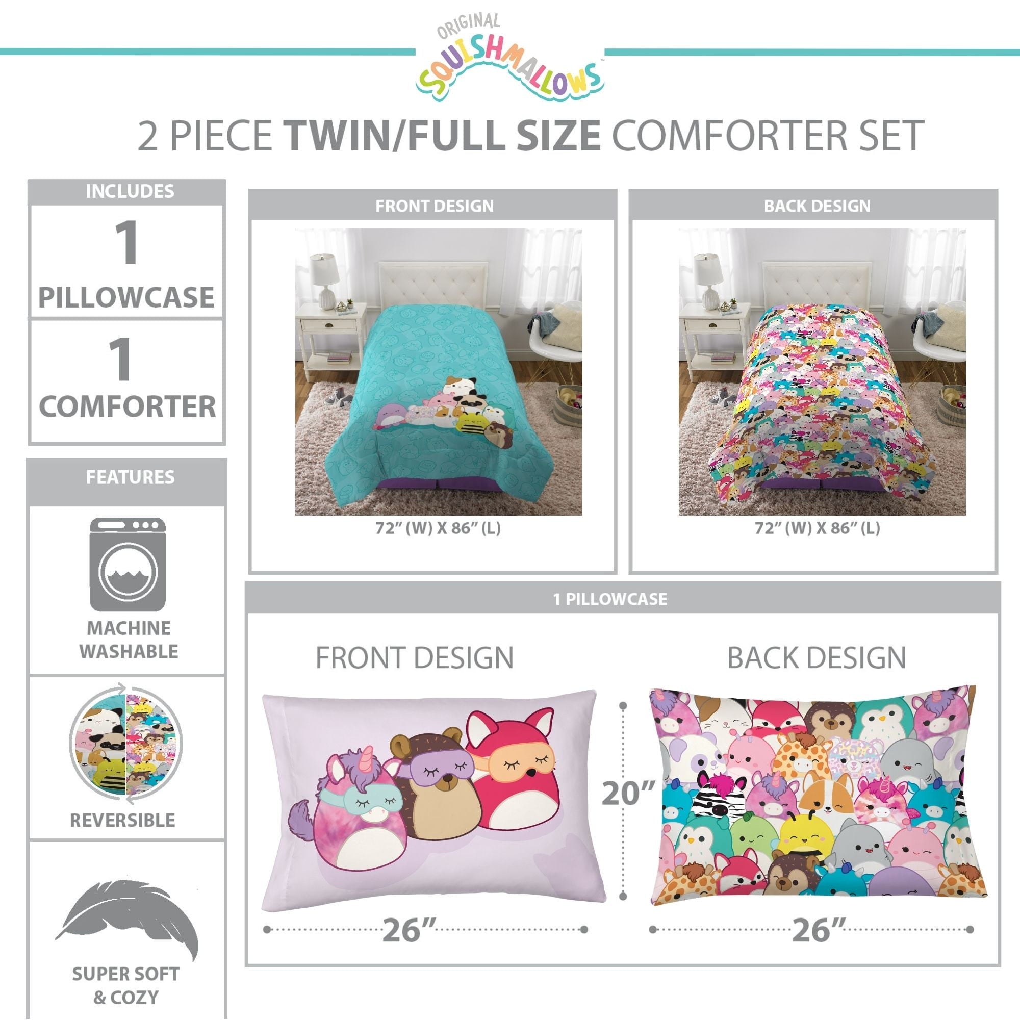Fluffy Down Alternative Squishmallows Kids 2 Piece Teal Blue Reversible Comforter and Pillowcase set, Twin/full - Luxurious Quilted Duvet Cover Set Detail